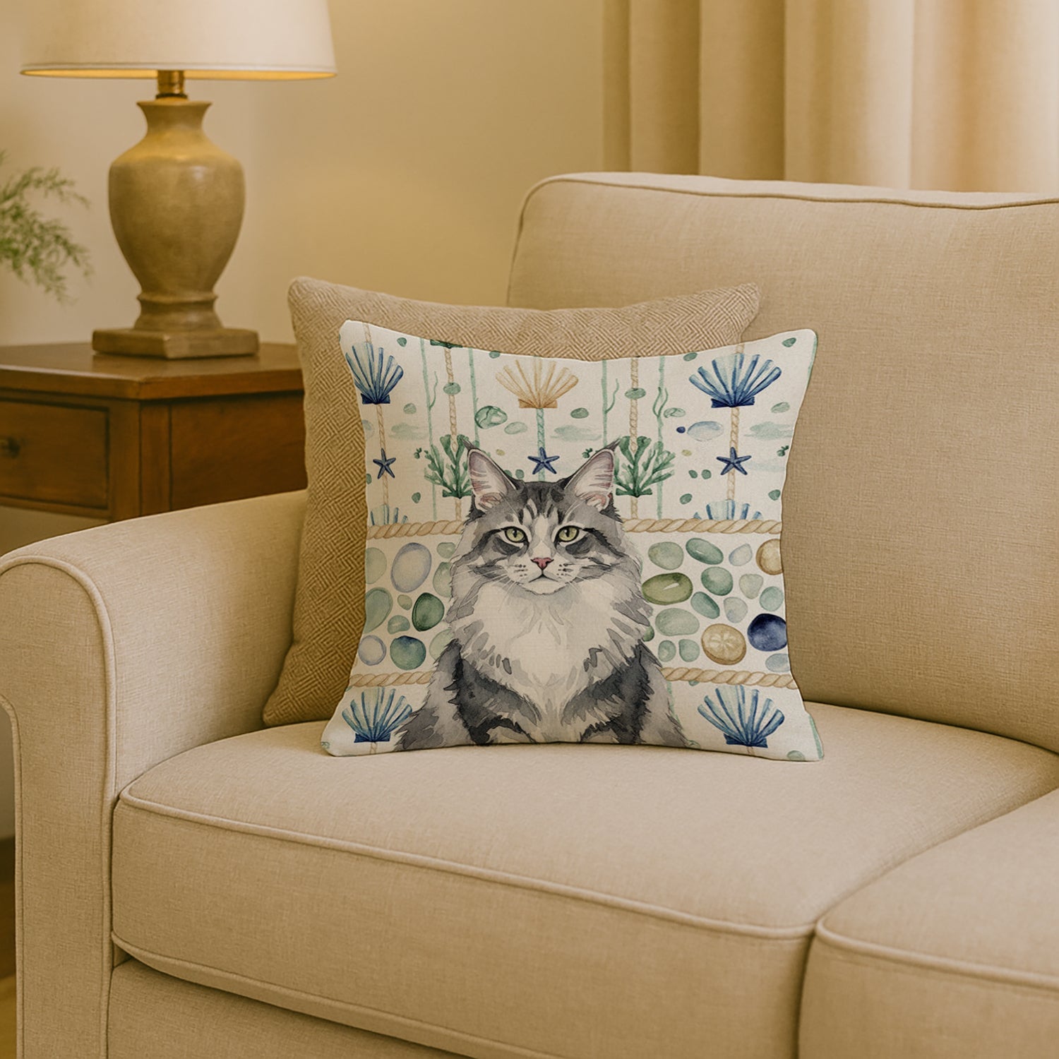 Norwegian Forest Cat Gray and White Cat Coastal Sea Glass Decorative Throw Pillow 18x18 Indoor Outdoor Accent Cushion, Fabric Cover with Insert for Sofa, Bed, Porch & Living Room