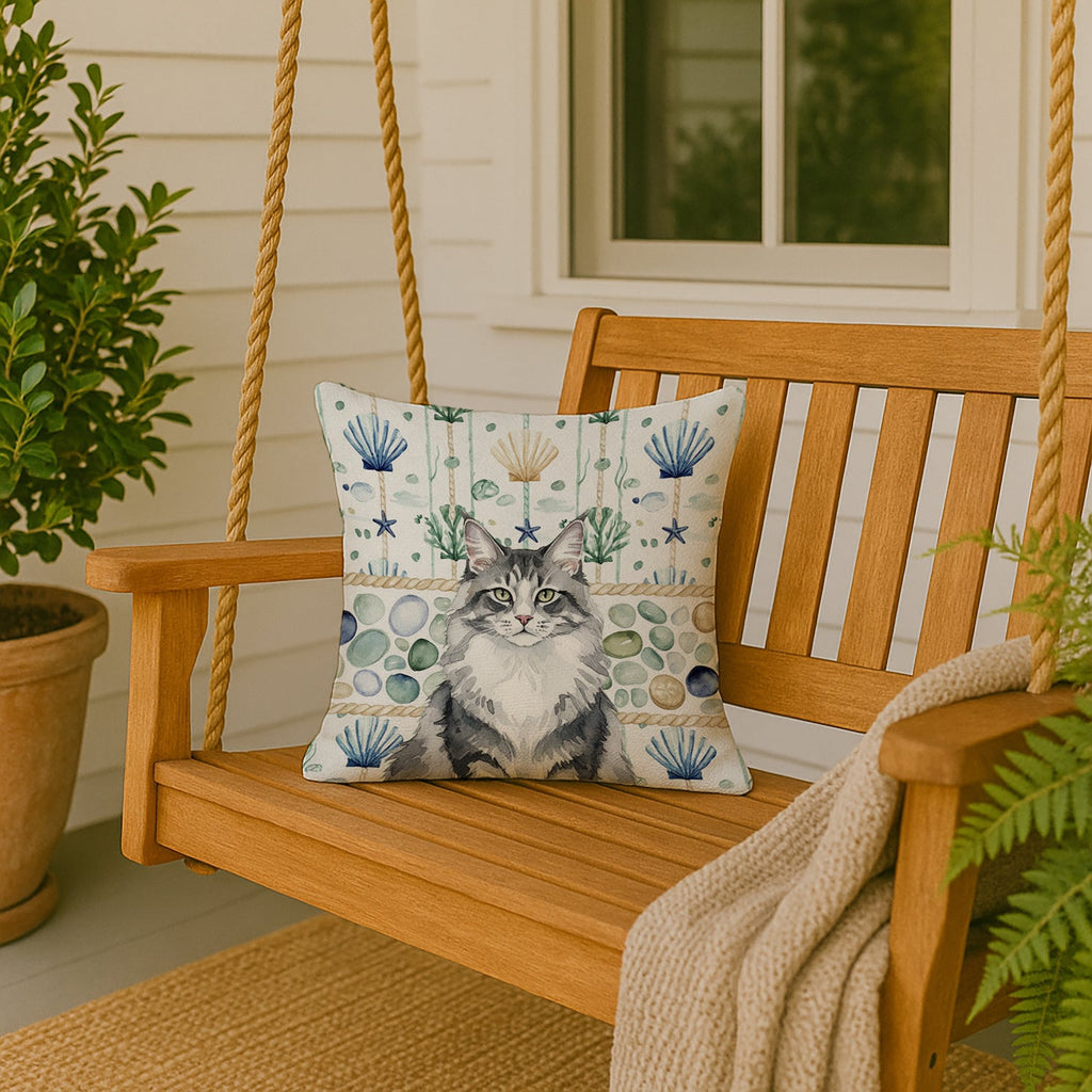 Norwegian Forest Cat Gray and White Cat Coastal Sea Glass Decorative Throw Pillow 18x18 Indoor Outdoor Accent Cushion, Fabric Cover with Insert for Sofa, Bed, Porch & Living Room