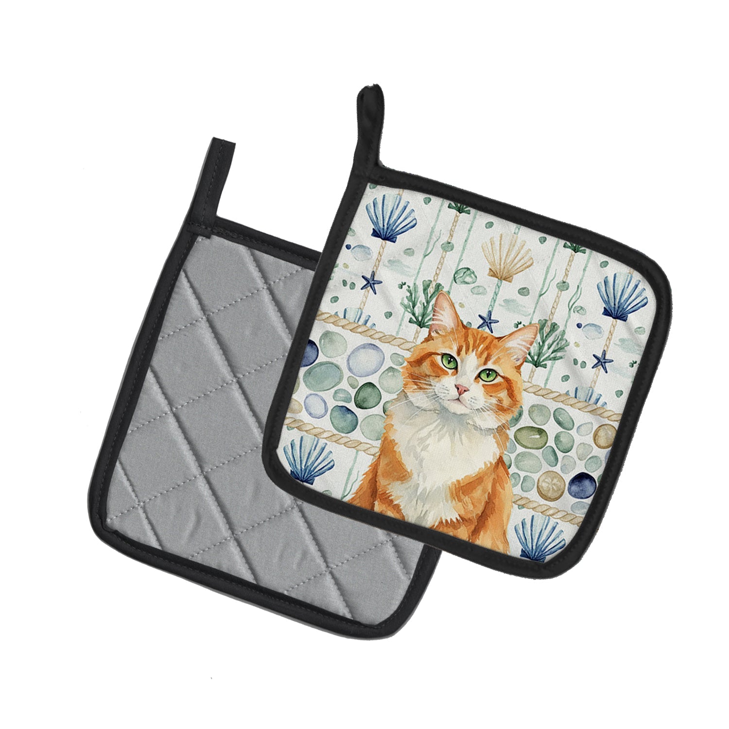 Orange and White Cat Coastal Sea Glass Pot Holder Set of 2 Heat Resistant Quilted Hot Pads 7.5 x 7.5 Inch, Insulated Kitchen Trivets for Cooking & Baking