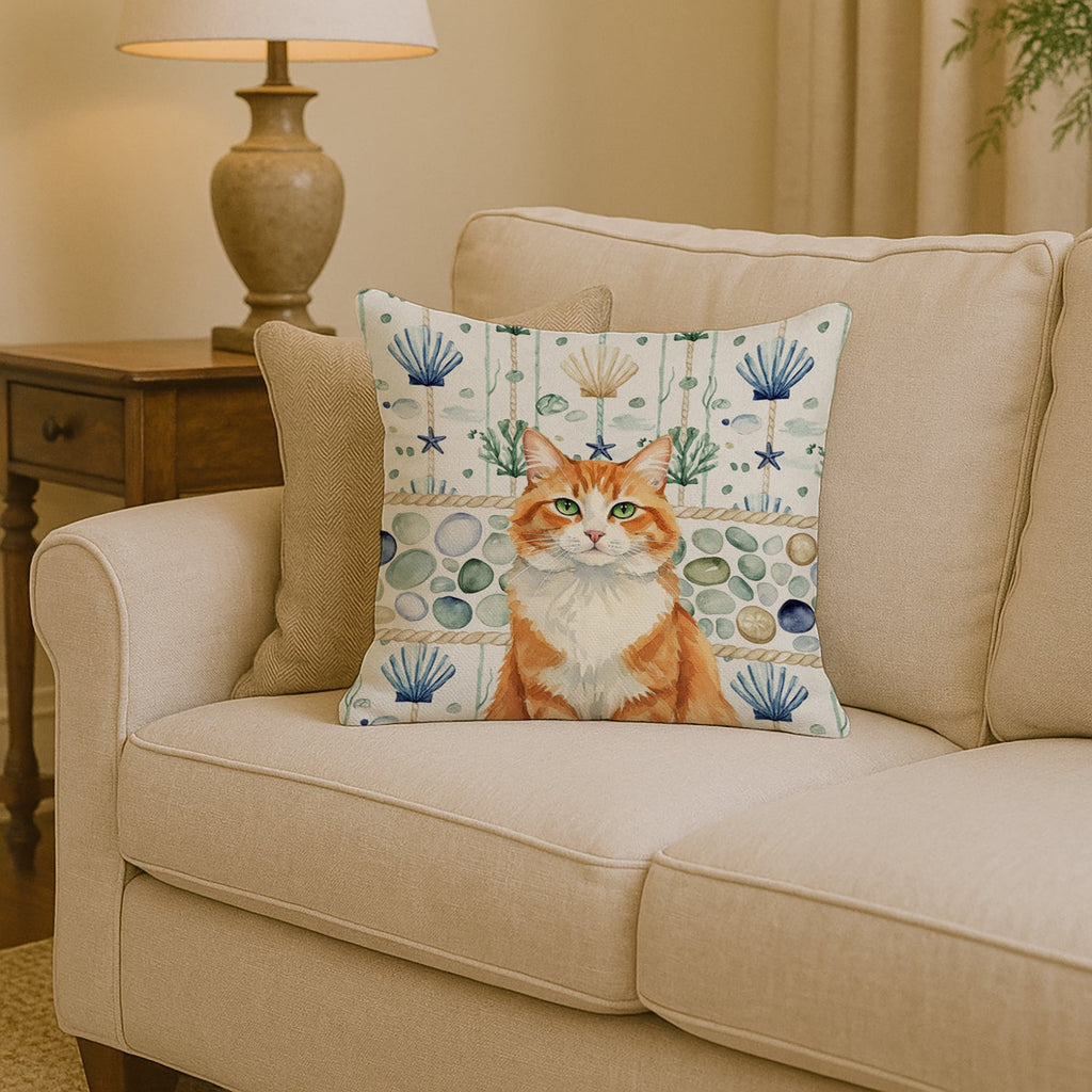 Orange and White Cat Coastal Sea Glass Decorative Throw Pillow 14x14 Indoor Outdoor Accent Cushion, Fabric Cover with Insert for Sofa, Bed, Porch & Living Room
