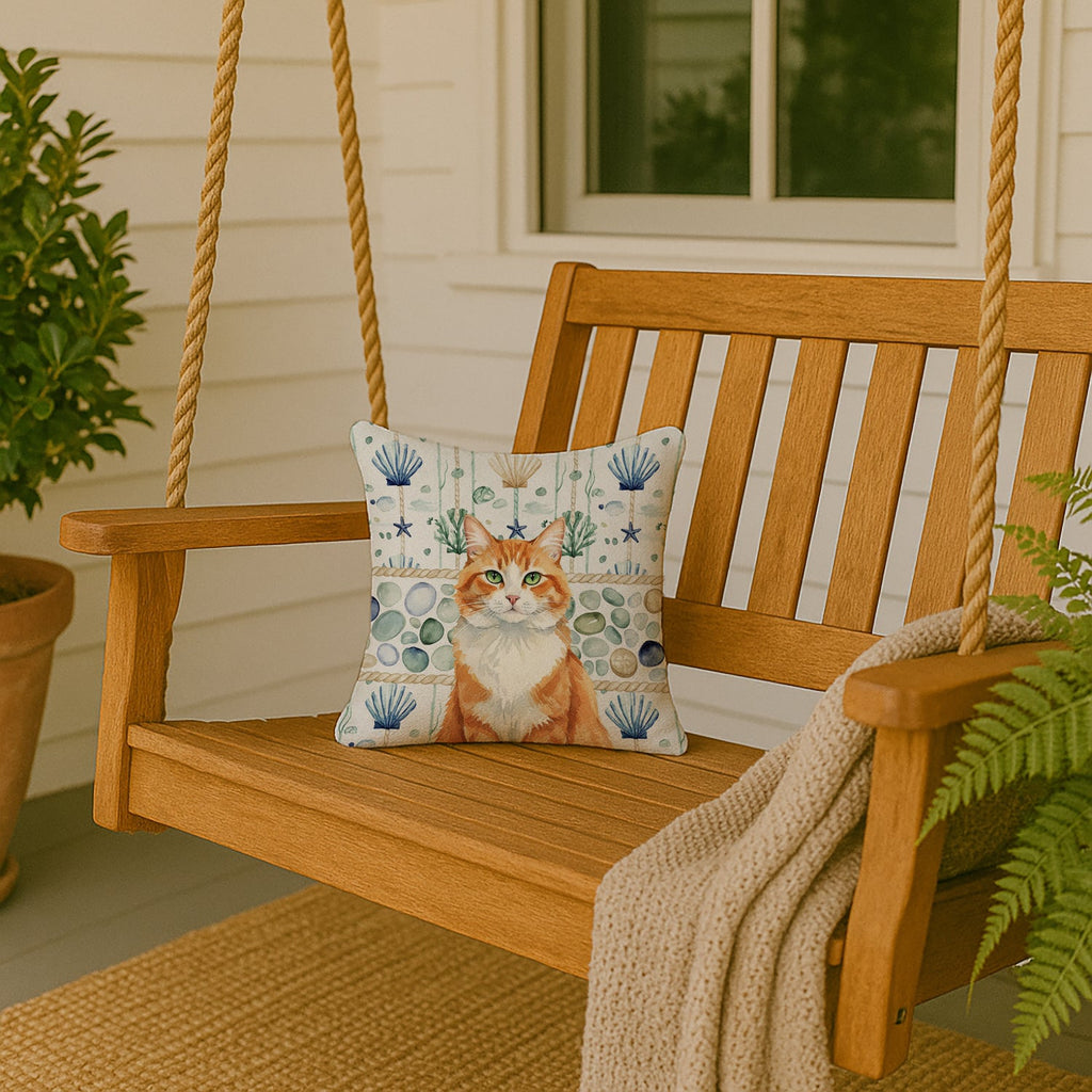 Orange and White Cat Coastal Sea Glass Decorative Throw Pillow 14x14 Indoor Outdoor Accent Cushion, Fabric Cover with Insert for Sofa, Bed, Porch & Living Room