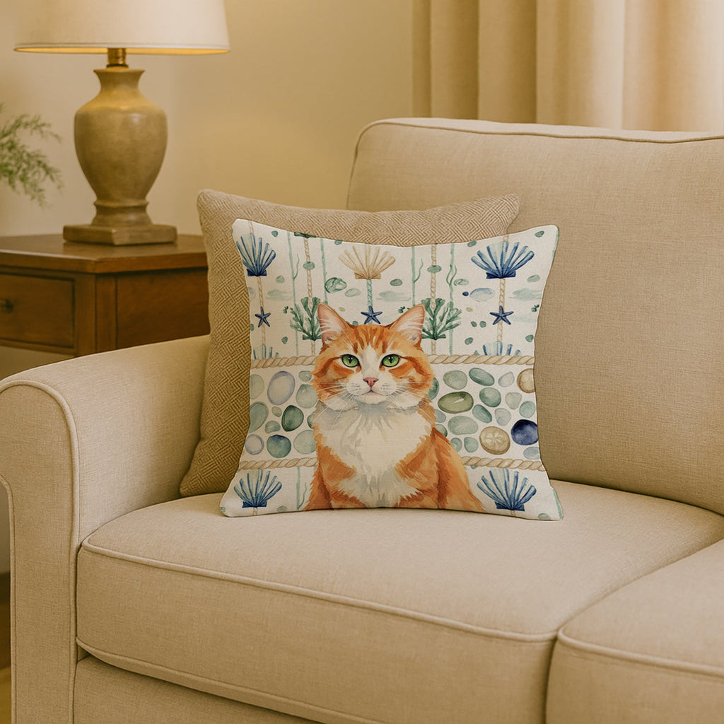 Orange and White Cat Coastal Sea Glass Decorative Throw Pillow 18x18 Indoor Outdoor Accent Cushion, Fabric Cover with Insert for Sofa, Bed, Porch & Living Room