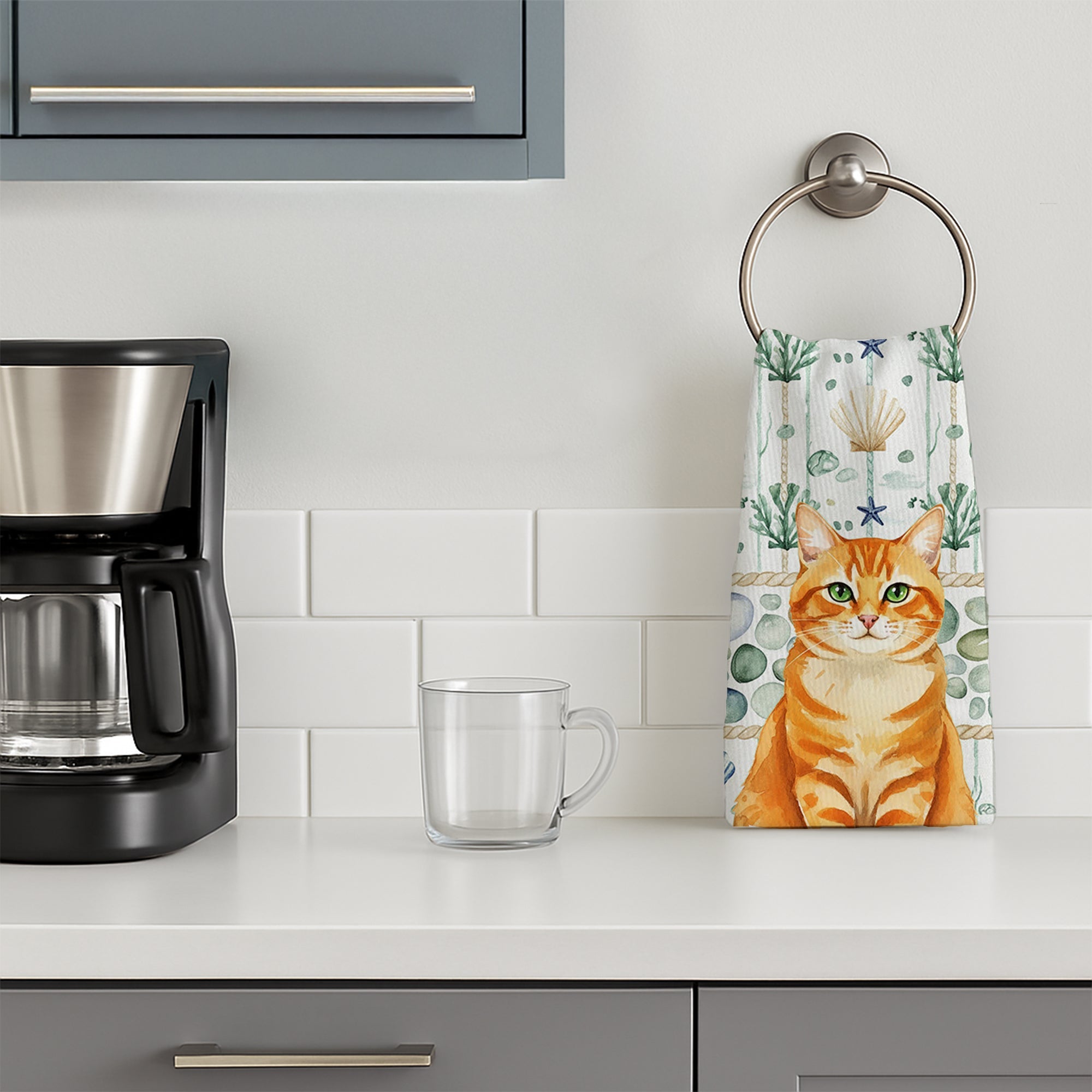 Orange Classic Tabby Cat Coastal Sea Glass Kitchen Towel Velour Plush Front and Cotton Loop Back Machine Washable
