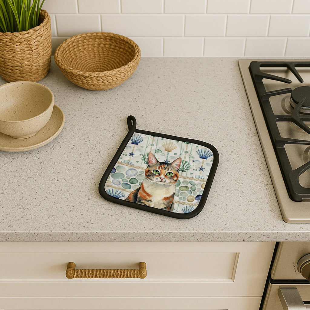 Patched Tabby Cat Coastal Sea Glass Pot Holder Set of 2 Heat Resistant Quilted Hot Pads 7.5 x 7.5 Inch, Insulated Kitchen Trivets for Cooking & Baking