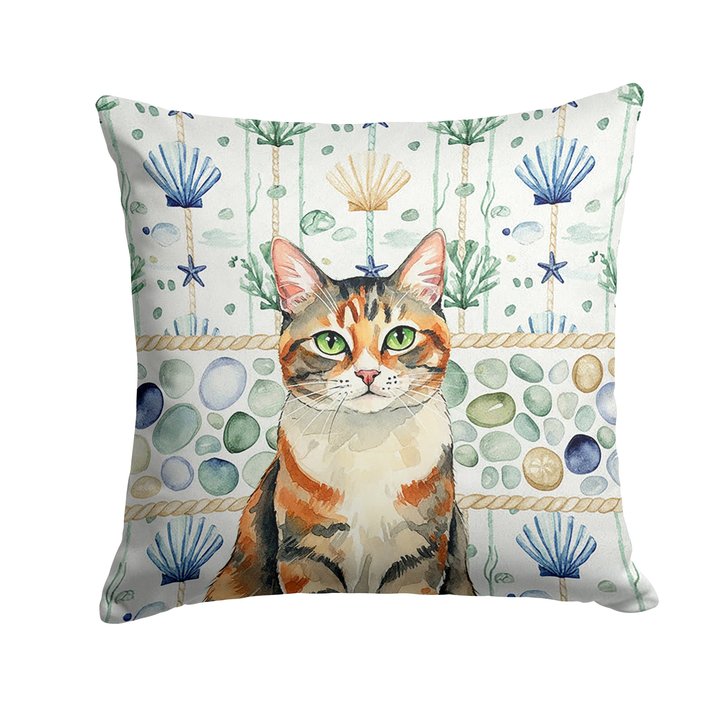 Patched Tabby Cat Coastal Sea Glass Decorative Throw Pillow 14x14 Indoor Outdoor Accent Cushion, Fabric Cover with Insert for Sofa, Bed, Porch & Living Room