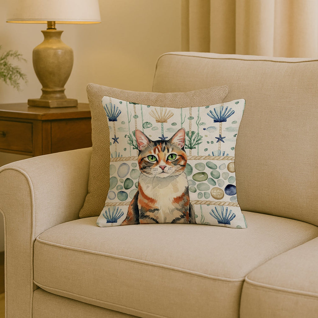 Patched Tabby Cat Coastal Sea Glass Decorative Throw Pillow 18x18 Indoor Outdoor Accent Cushion, Fabric Cover with Insert for Sofa, Bed, Porch & Living Room