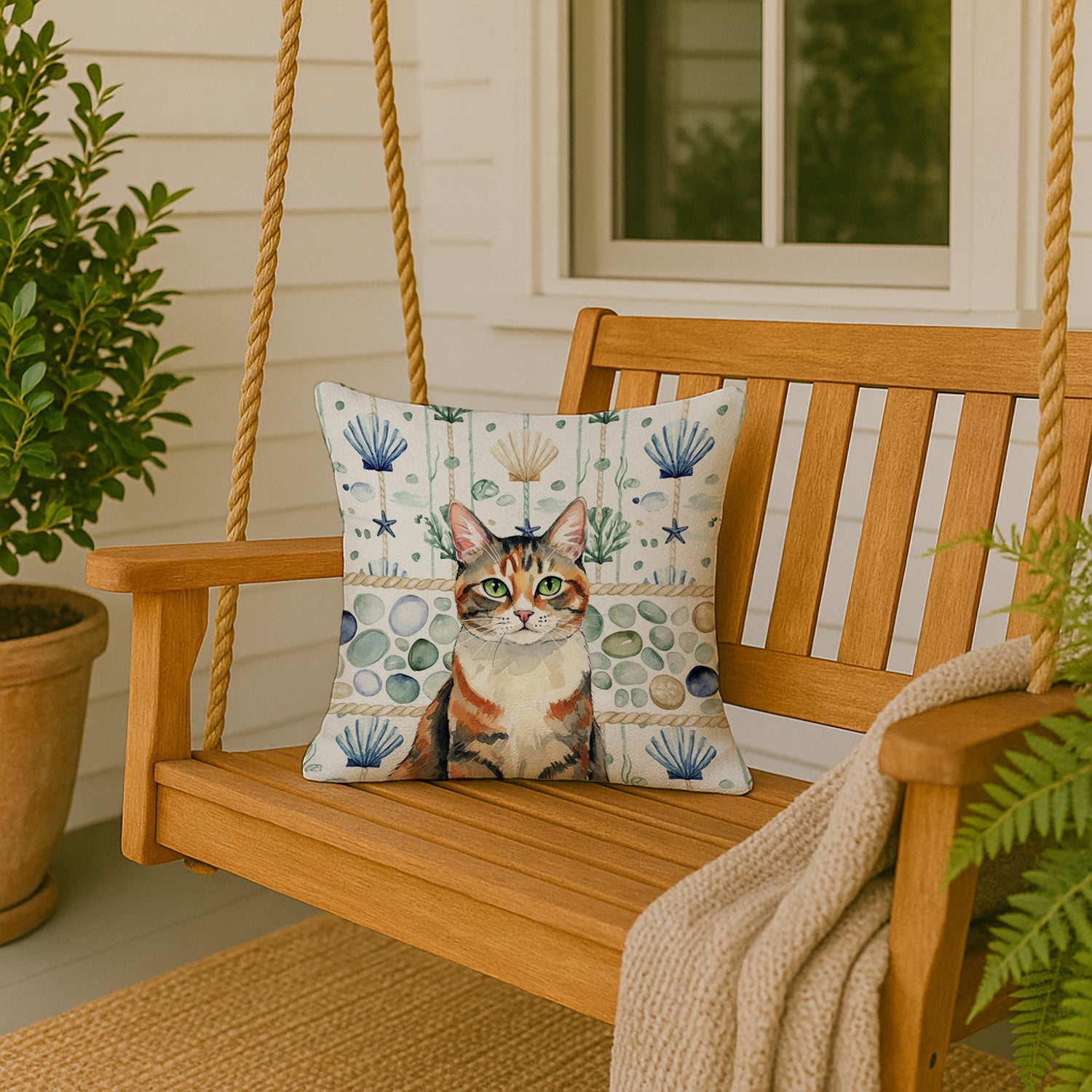 Patched Tabby Cat Coastal Sea Glass Decorative Throw Pillow 18x18 Indoor Outdoor Accent Cushion, Fabric Cover with Insert for Sofa, Bed, Porch & Living Room