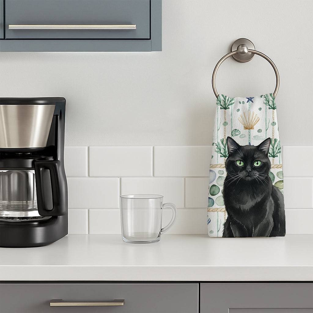 Persian Black Cat Coastal Sea Glass Kitchen Towel Velour Plush Front and Cotton Loop Back Machine Washable