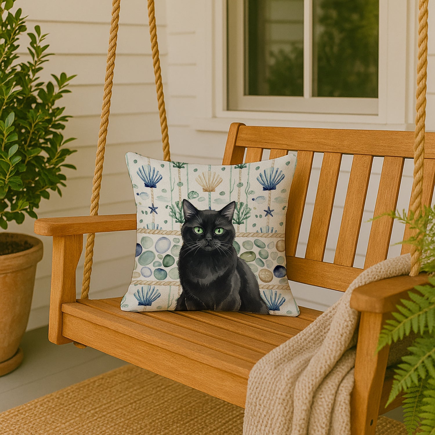 Persian Black Cat Coastal Sea Glass Decorative Throw Pillow 18x18 Indoor Outdoor Accent Cushion, Fabric Cover with Insert for Sofa, Bed, Porch & Living Room