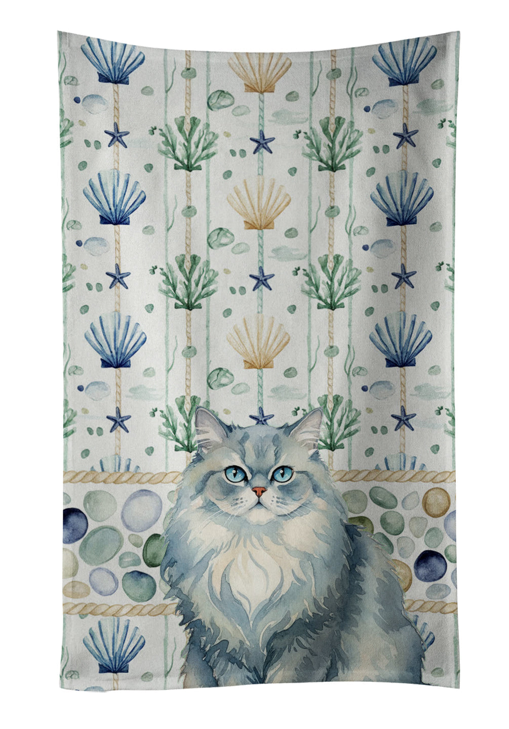 Persian Blue Cat Coastal Sea Glass Kitchen Towel Velour Plush Front and Cotton Loop Back Machine Washable