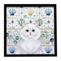 Persian White Cat Coastal Sea Glass Framed Metal Print Bathroom, Kitchen, Office, Home Decor Wall Art Ready to Hang, Square, 8X8
