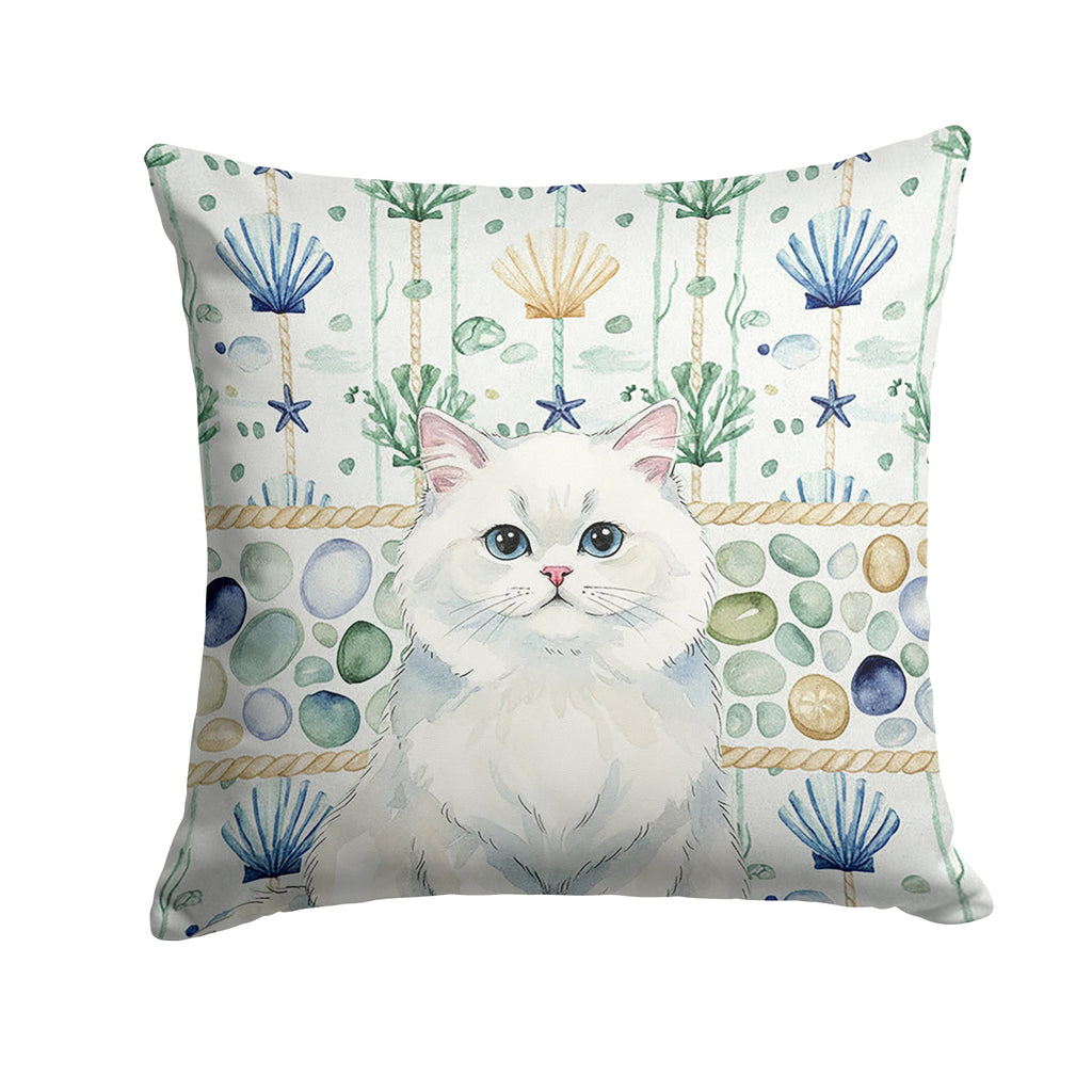 Persian White Cat Coastal Sea Glass Decorative Throw Pillow 18x18 Indoor Outdoor Accent Cushion, Fabric Cover with Insert for Sofa, Bed, Porch & Living Room