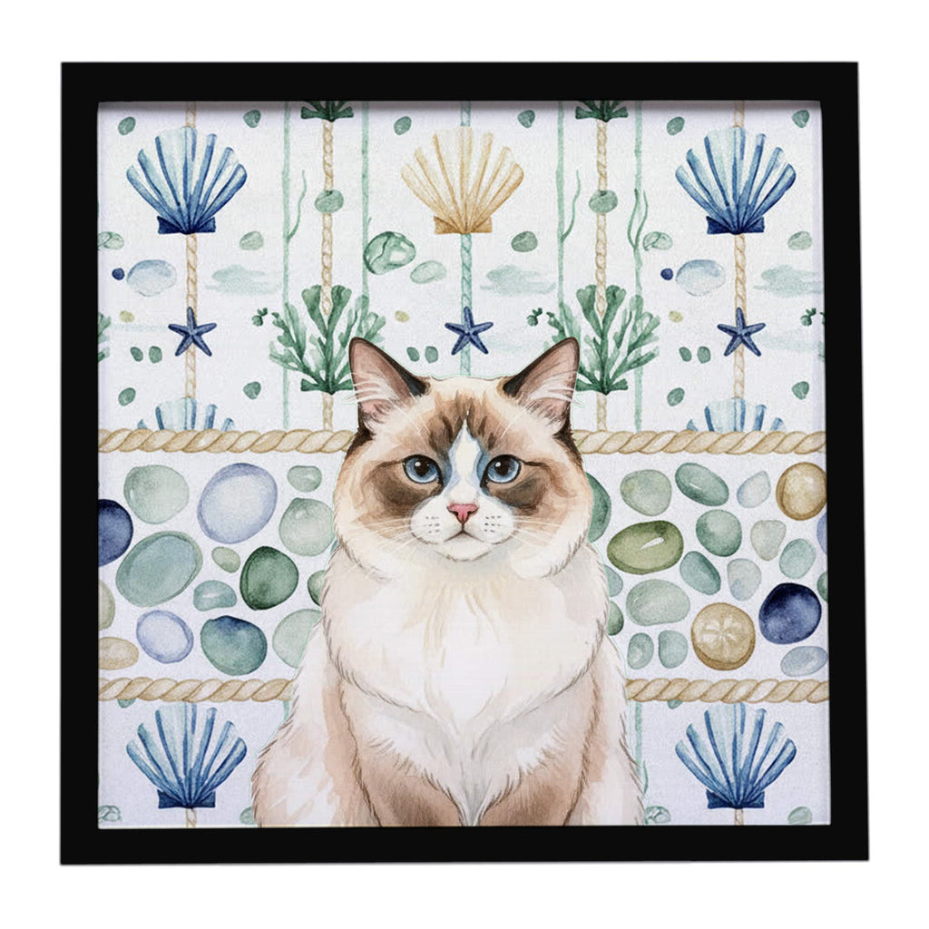 Ragdoll Bicolor Cat Coastal Sea Glass Framed Metal Print Bathroom, Kitchen, Office, Home Decor Wall Art Ready to Hang, Square, 8X8
