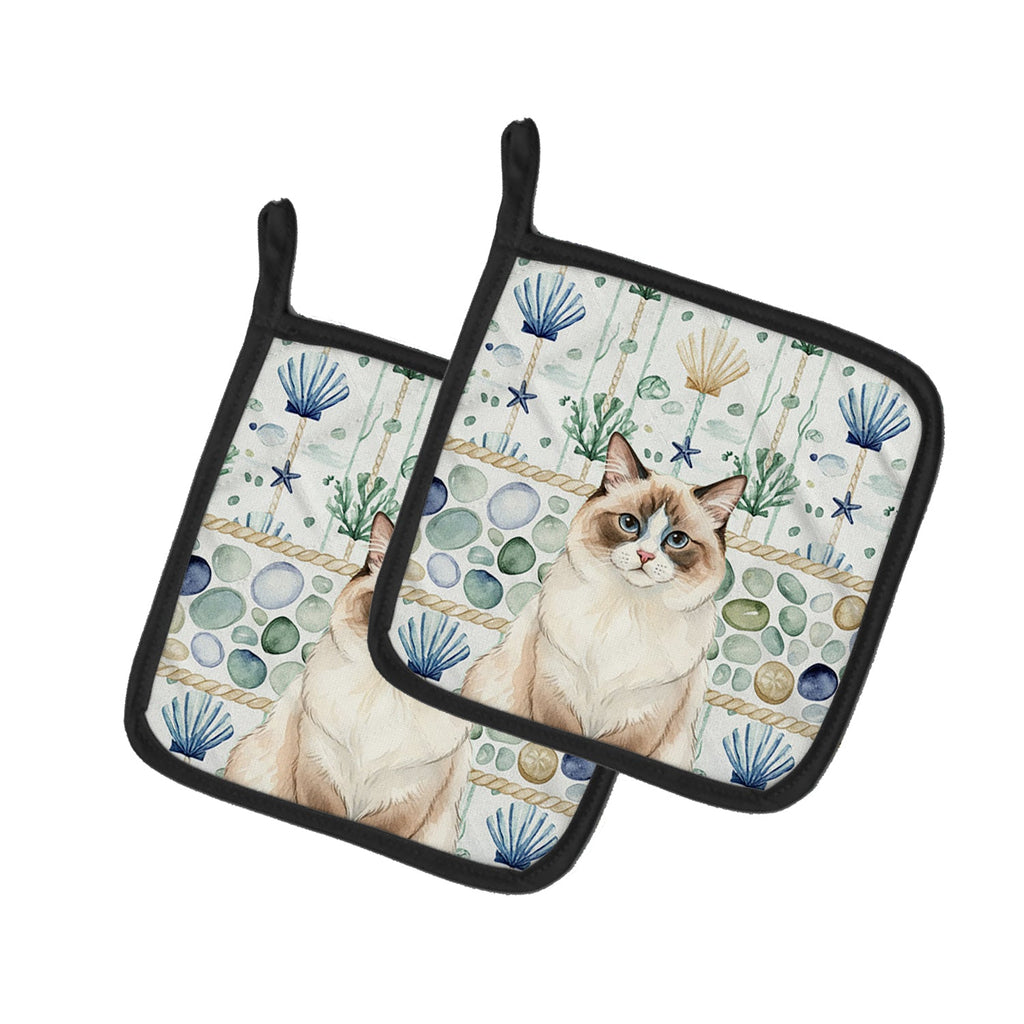 Ragdoll Bicolor Cat Coastal Sea Glass Pot Holder Set of 2 Heat Resistant Quilted Hot Pads 7.5 x 7.5 Inch, Insulated Kitchen Trivets for Cooking & Baking