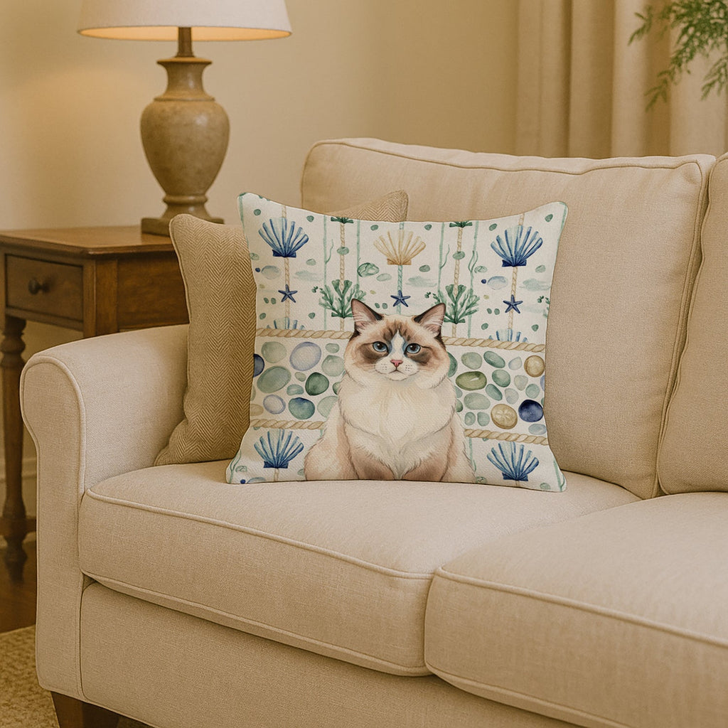 Ragdoll Bicolor Cat Coastal Sea Glass Decorative Throw Pillow 14x14 Indoor Outdoor Accent Cushion, Fabric Cover with Insert for Sofa, Bed, Porch & Living Room