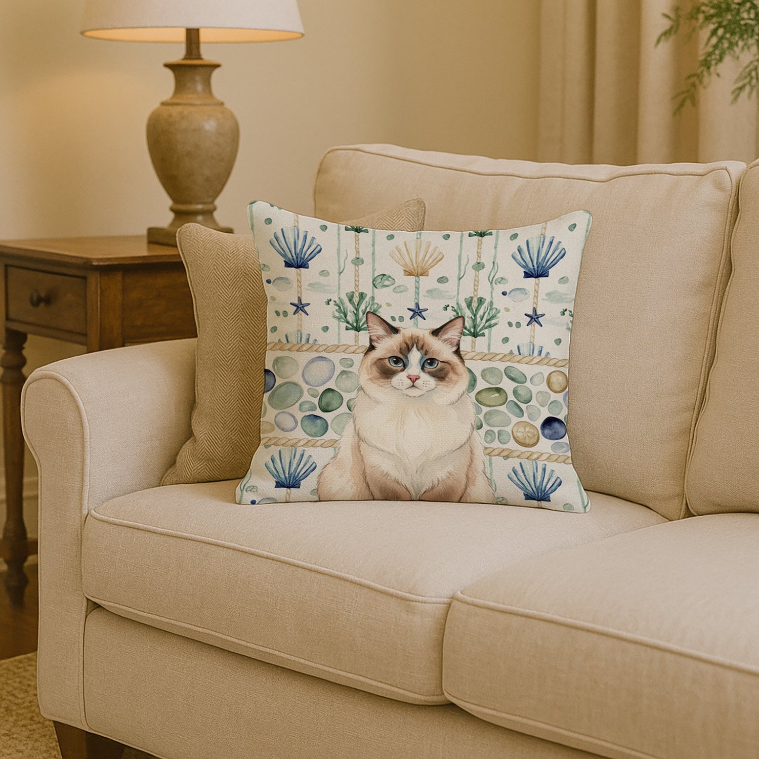 Ragdoll Bicolor Cat Coastal Sea Glass Decorative Throw Pillow 14x14 Indoor Outdoor Accent Cushion, Fabric Cover with Insert for Sofa, Bed, Porch & Living Room