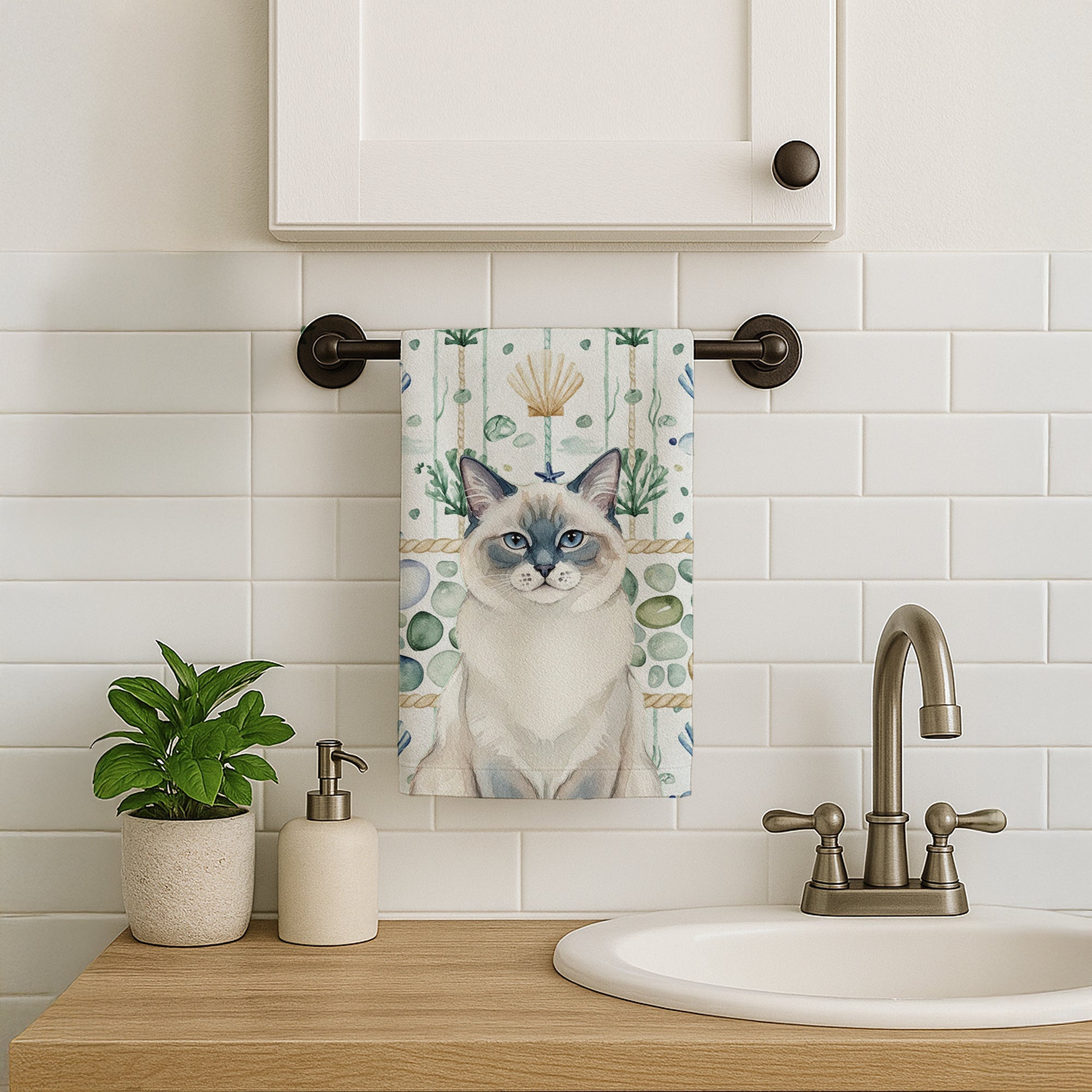 Ragdoll Blue Point Cat Coastal Sea Glass Kitchen Towel Velour Plush Front and Cotton Loop Back Machine Washable