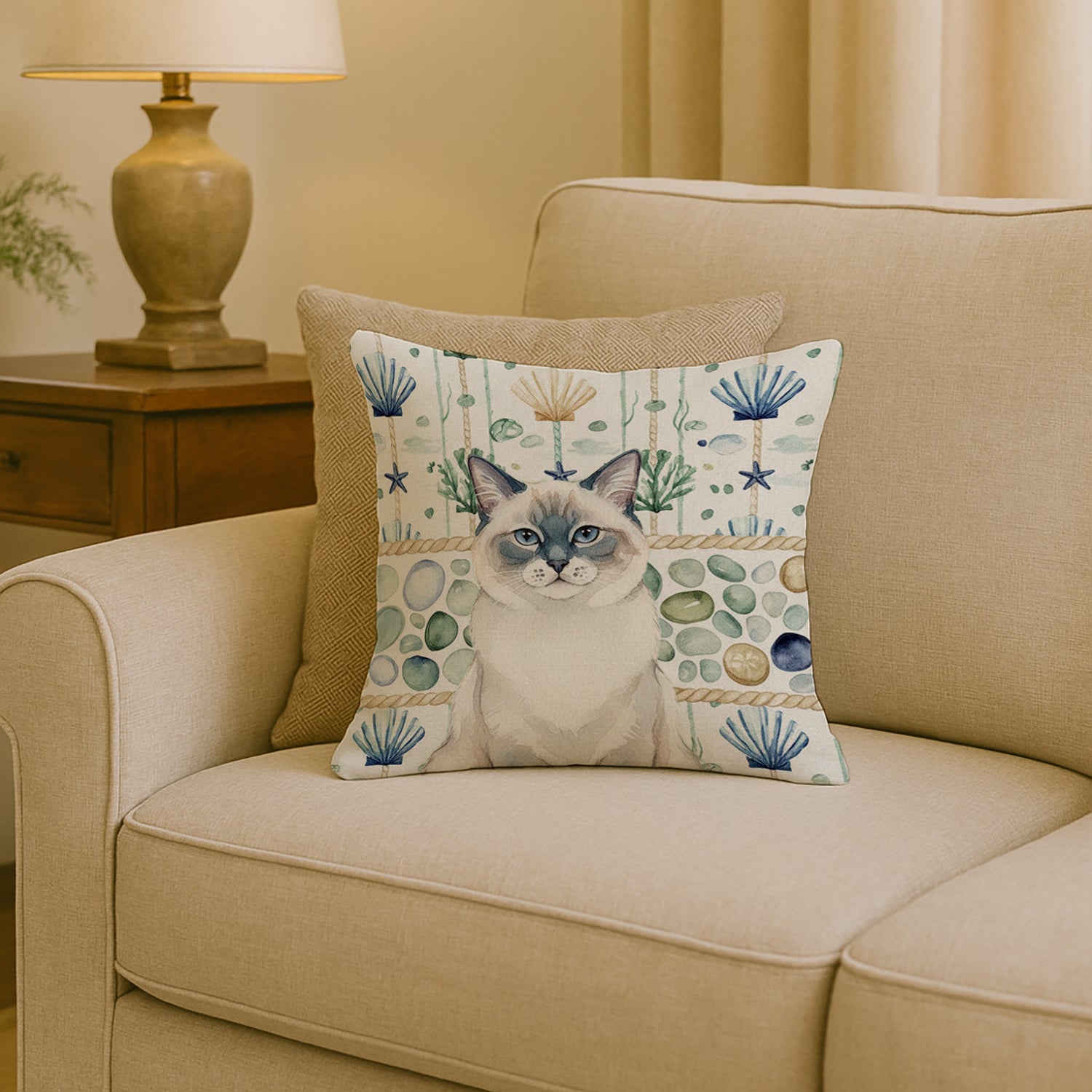 Ragdoll Blue Point Cat Coastal Sea Glass Decorative Throw Pillow 18x18 Indoor Outdoor Accent Cushion, Fabric Cover with Insert for Sofa, Bed, Porch & Living Room