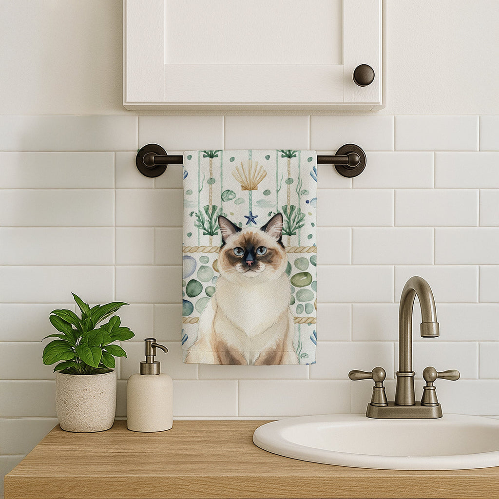 Ragdoll Seal Point Cat Coastal Sea Glass Kitchen Towel Velour Plush Front and Cotton Loop Back Machine Washable