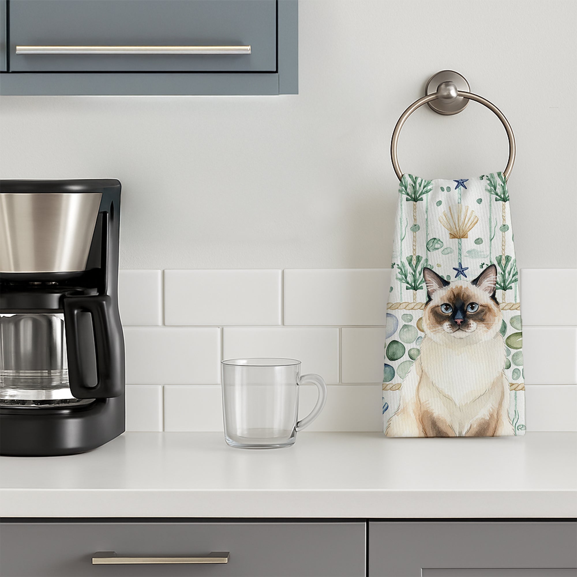 Ragdoll Seal Point Cat Coastal Sea Glass Kitchen Towel Velour Plush Front and Cotton Loop Back Machine Washable