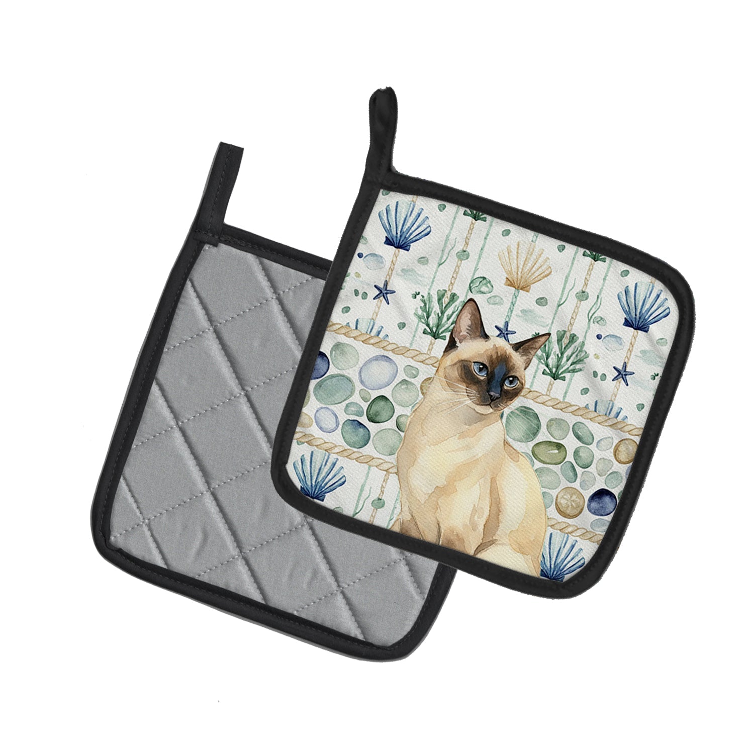 Seal Point Cat Coastal Sea Glass Pot Holder Set of 2 Heat Resistant Quilted Hot Pads 7.5 x 7.5 Inch, Insulated Kitchen Trivets for Cooking & Baking