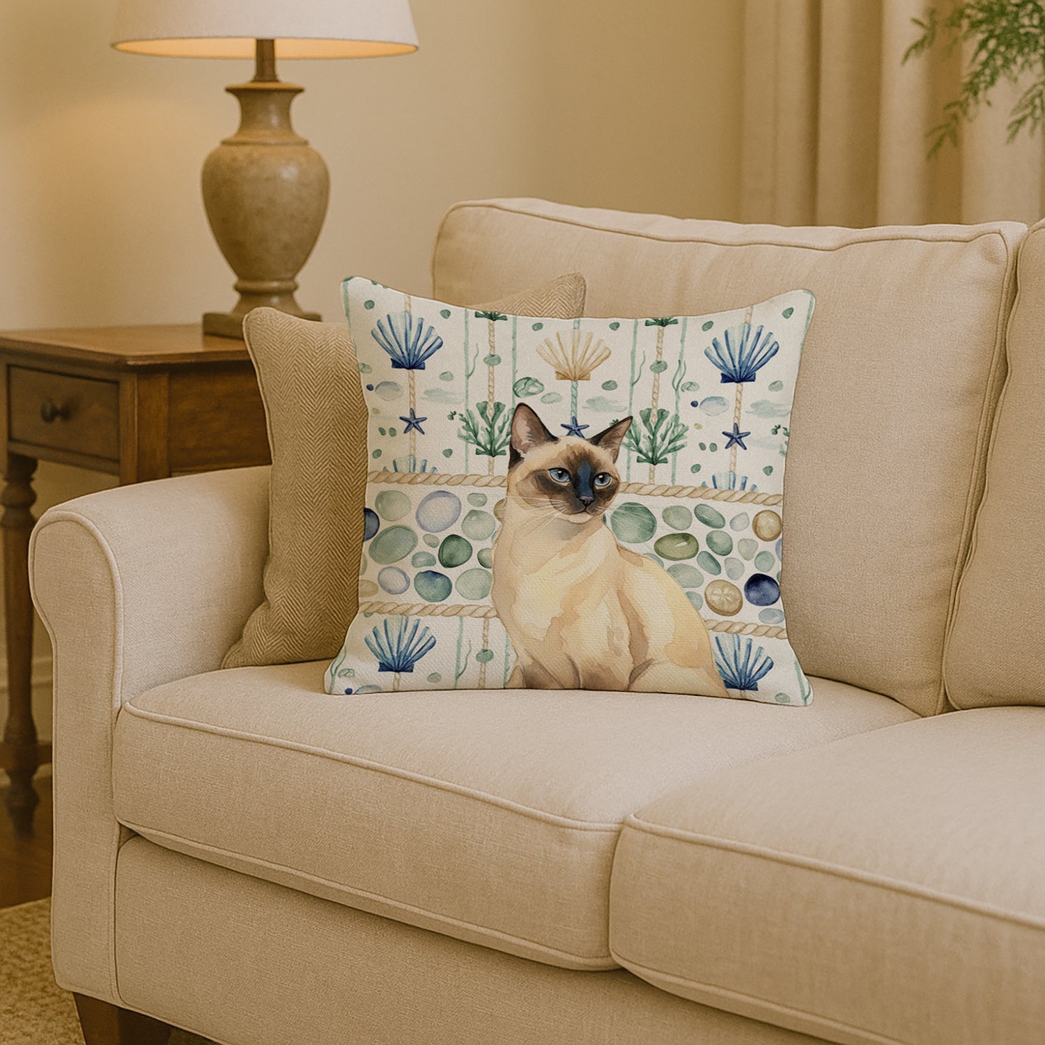 Seal Point Cat Coastal Sea Glass Decorative Throw Pillow 14x14 Indoor Outdoor Accent Cushion, Fabric Cover with Insert for Sofa, Bed, Porch & Living Room
