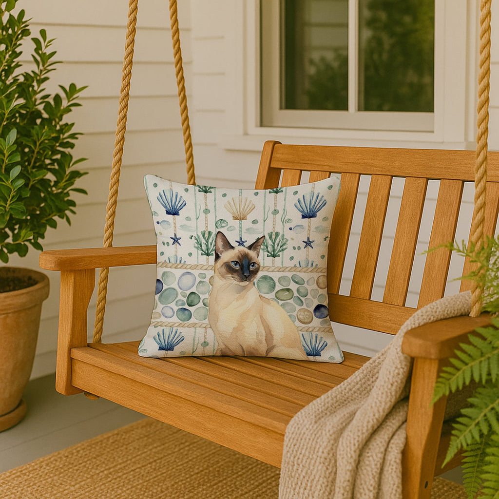 Seal Point Cat Coastal Sea Glass Decorative Throw Pillow 18x18 Indoor Outdoor Accent Cushion, Fabric Cover with Insert for Sofa, Bed, Porch & Living Room
