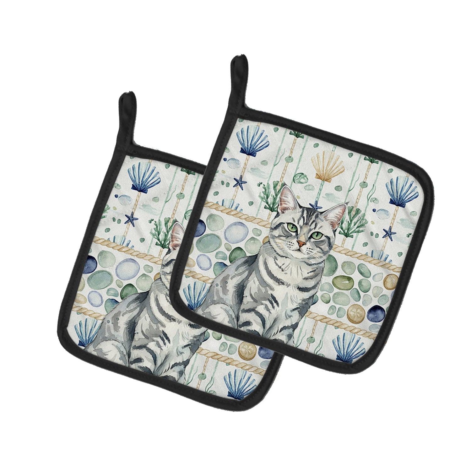 Silver Classic Tabby Cat Coastal Sea Glass Pot Holder Set of 2 Heat Resistant Quilted Hot Pads 7.5 x 7.5 Inch, Insulated Kitchen Trivets for Cooking & Baking