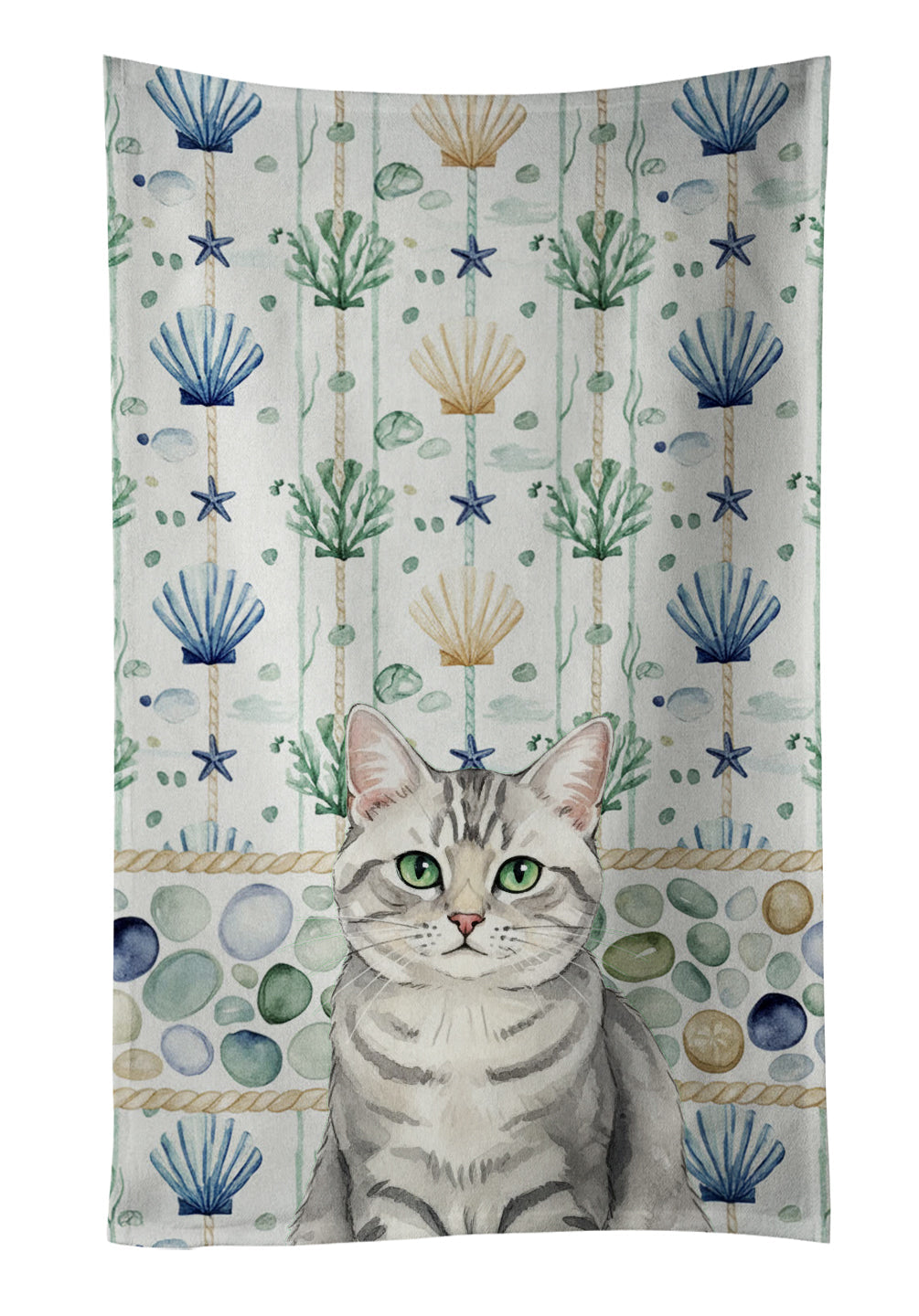 Silver Mackerel Tabby Cat Coastal Sea Glass Kitchen Towel Velour Plush Front and Cotton Loop Back Machine Washable
