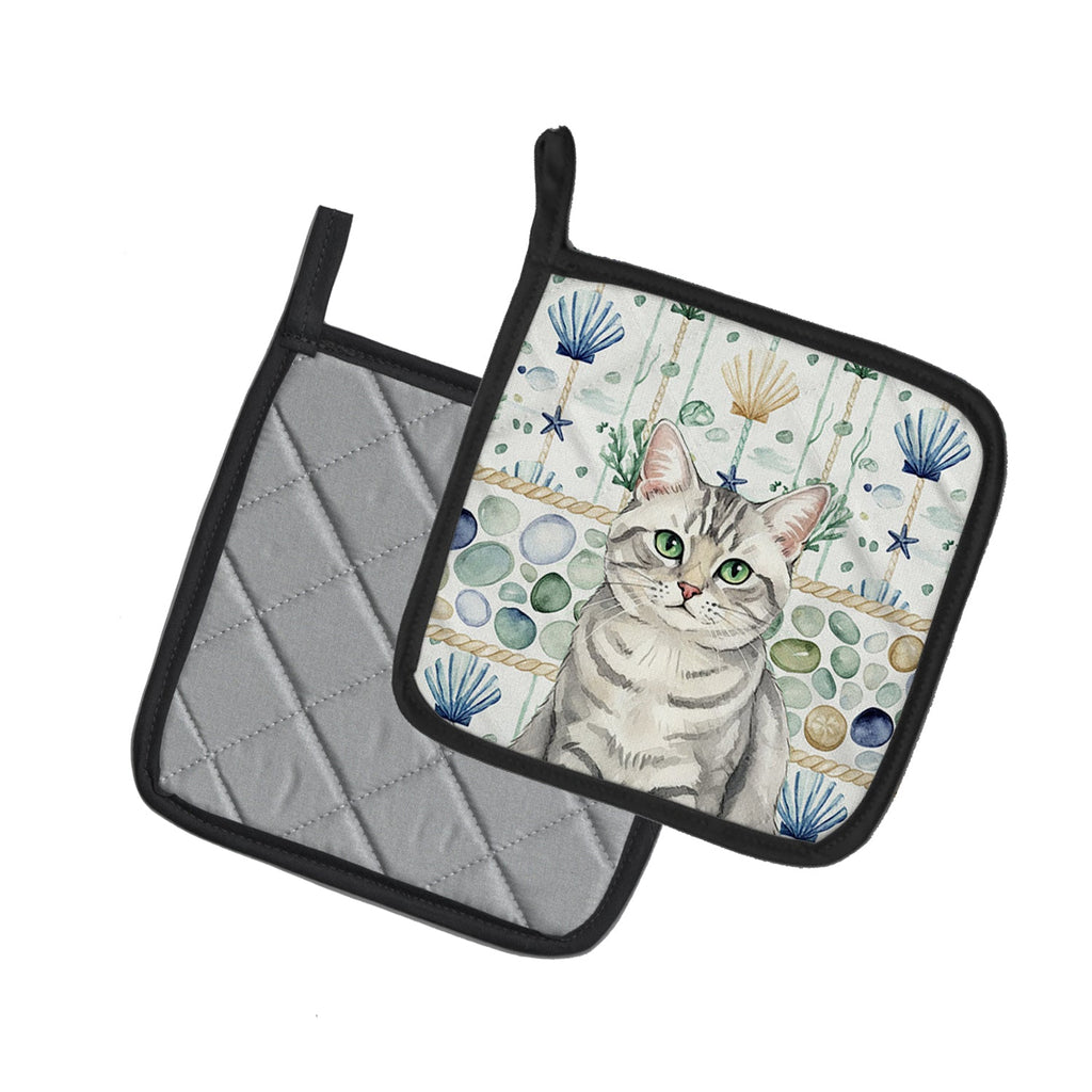 Silver Mackerel Tabby Cat Coastal Sea Glass Pot Holder Set of 2 Heat Resistant Quilted Hot Pads 7.5 x 7.5 Inch, Insulated Kitchen Trivets for Cooking & Baking