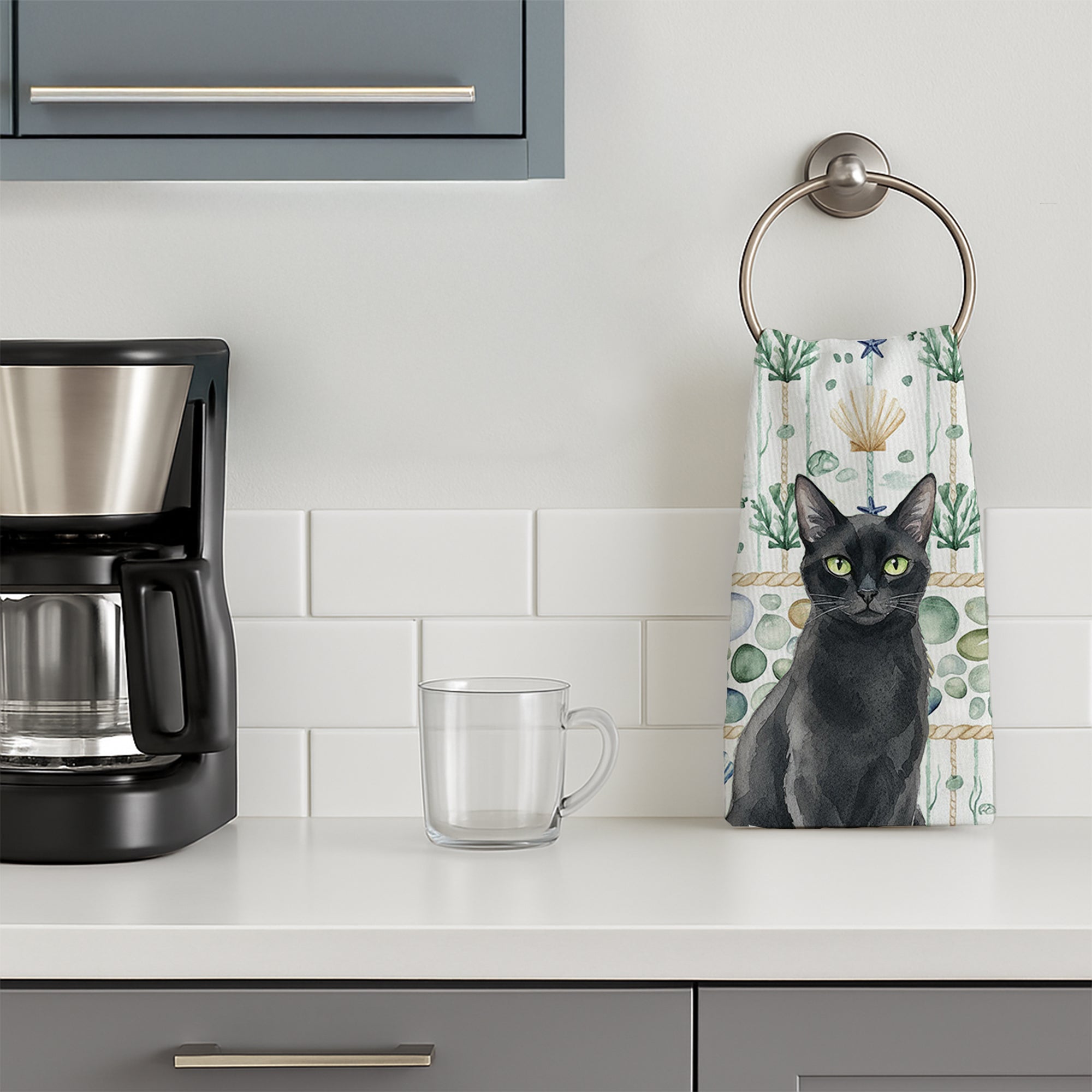 Solid Black Cat Coastal Sea Glass Kitchen Towel Velour Plush Front and Cotton Loop Back Machine Washable