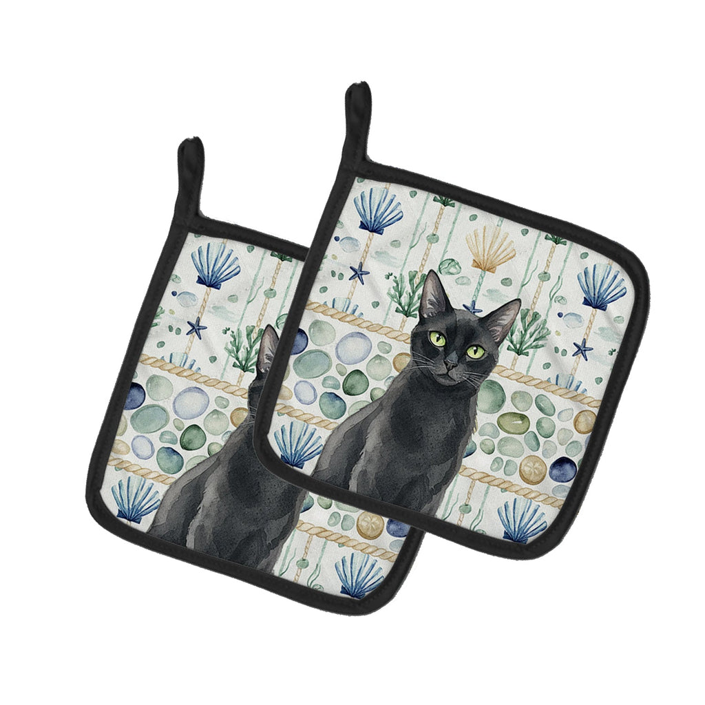Solid Black Cat Coastal Sea Glass Pot Holder Set of 2 Heat Resistant Quilted Hot Pads 7.5 x 7.5 Inch, Insulated Kitchen Trivets for Cooking & Baking