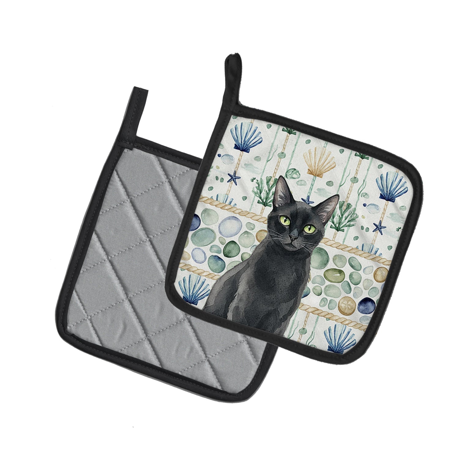 Solid Black Cat Coastal Sea Glass Pot Holder Set of 2 Heat Resistant Quilted Hot Pads 7.5 x 7.5 Inch, Insulated Kitchen Trivets for Cooking & Baking