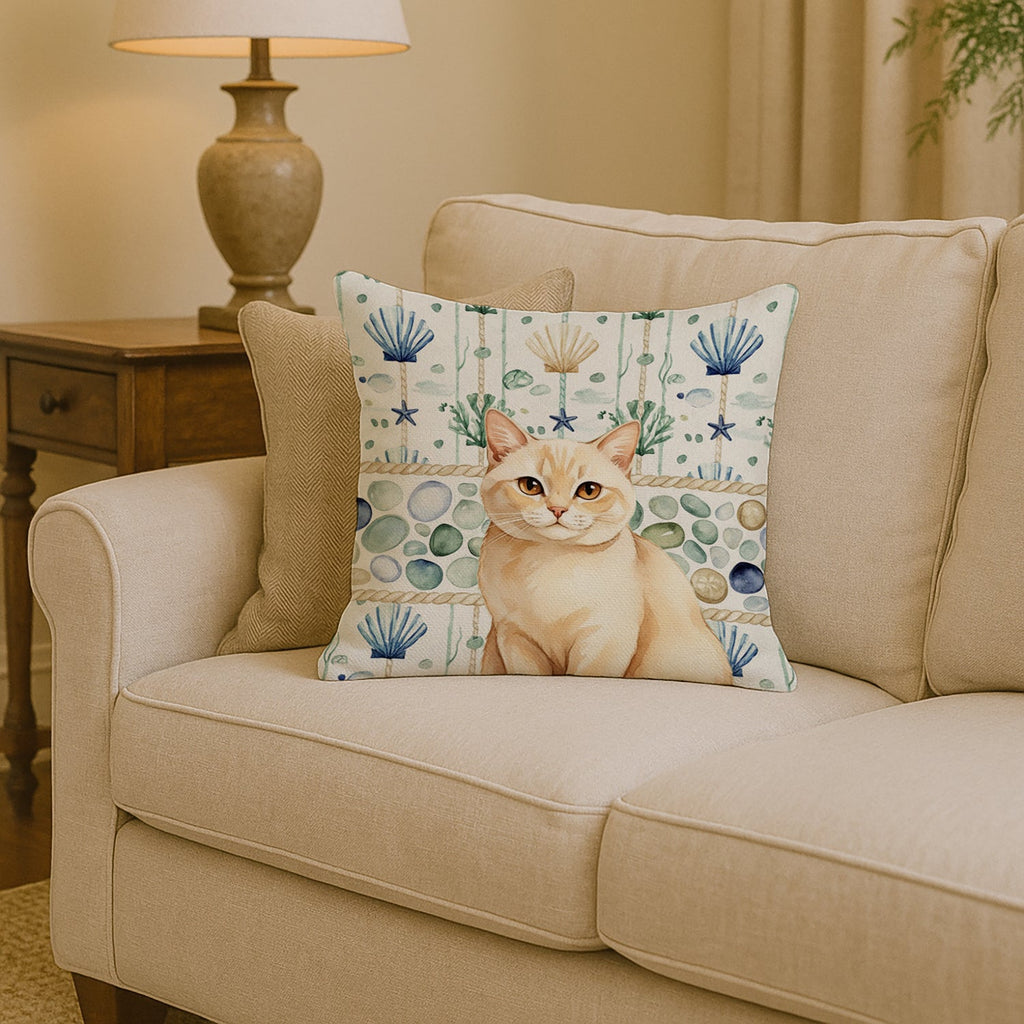 Solid Cream Cat Coastal Sea Glass Decorative Throw Pillow 14x14 Indoor Outdoor Accent Cushion, Fabric Cover with Insert for Sofa, Bed, Porch & Living Room