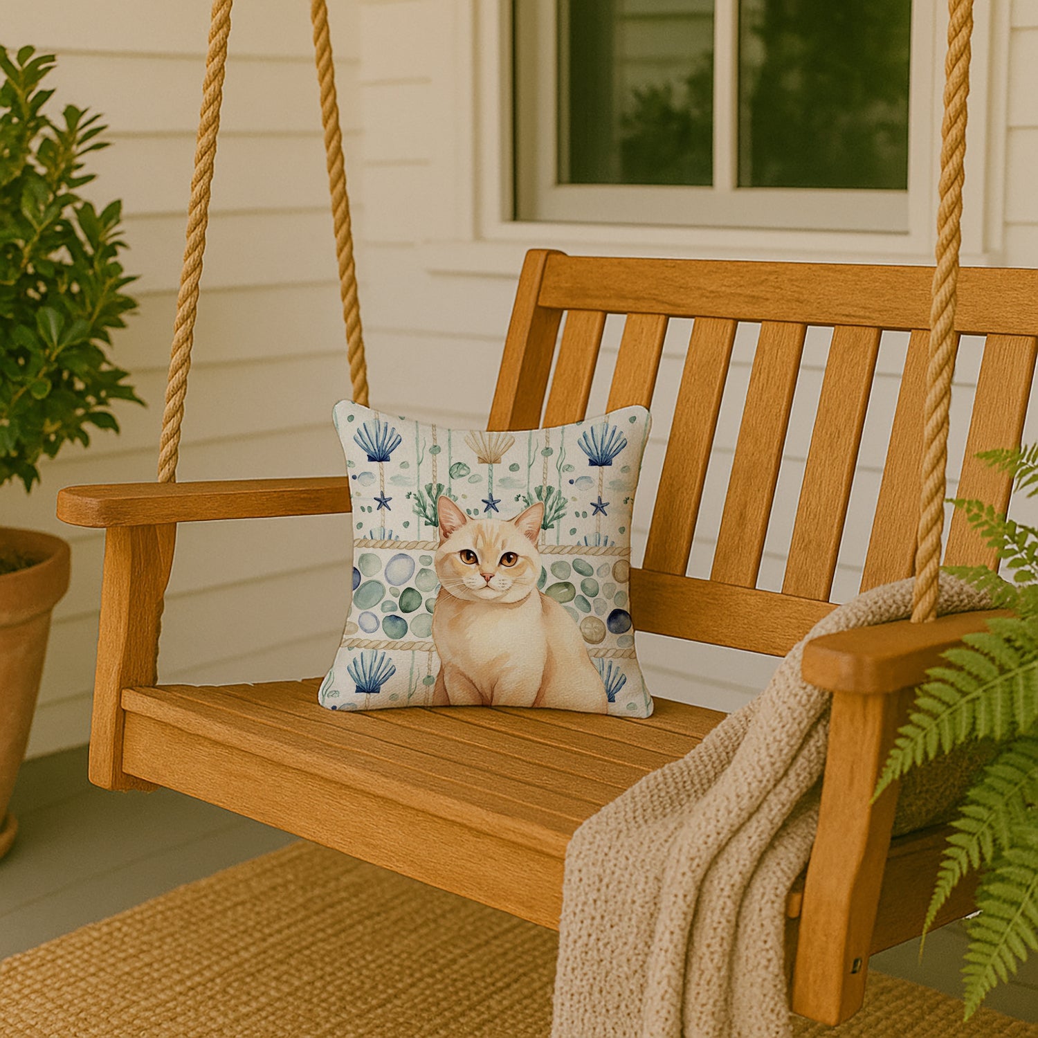 Solid Cream Cat Coastal Sea Glass Decorative Throw Pillow 14x14 Indoor Outdoor Accent Cushion, Fabric Cover with Insert for Sofa, Bed, Porch & Living Room