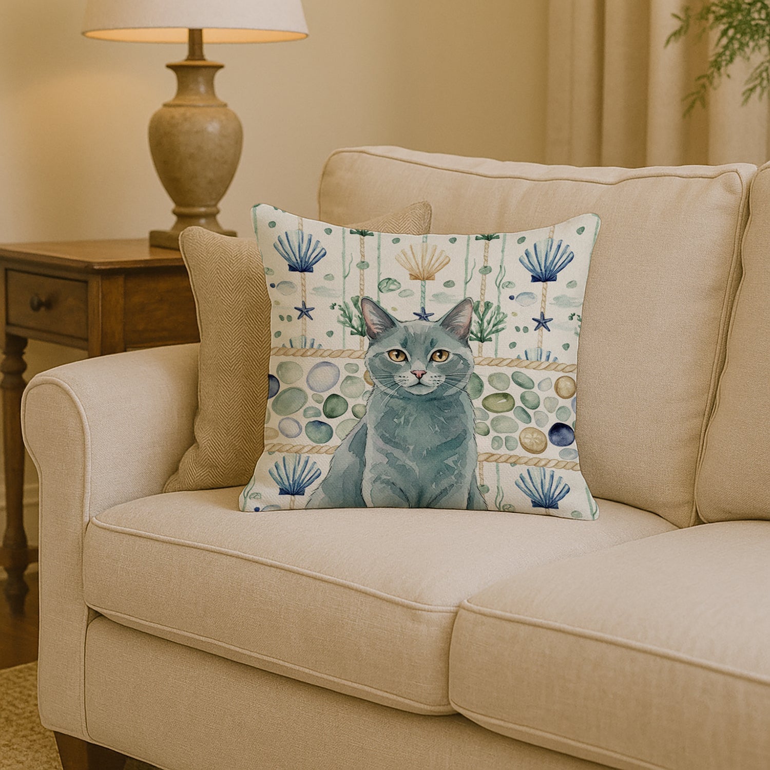 Solid Gray Cat Coastal Sea Glass Decorative Throw Pillow 14x14 Indoor Outdoor Accent Cushion, Fabric Cover with Insert for Sofa, Bed, Porch & Living Room