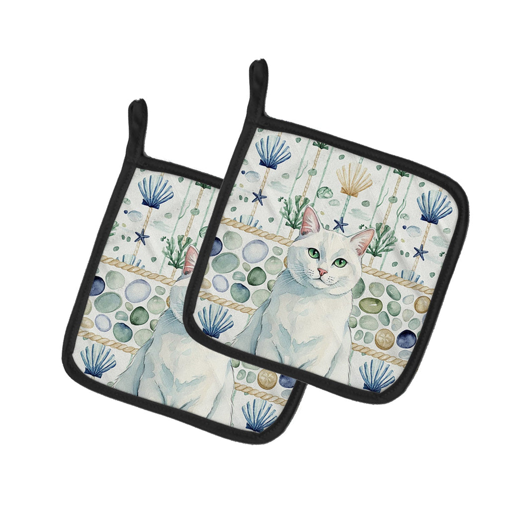 Solid White Cat Coastal Sea Glass Pot Holder Set of 2 Heat Resistant Quilted Hot Pads 7.5 x 7.5 Inch, Insulated Kitchen Trivets for Cooking & Baking