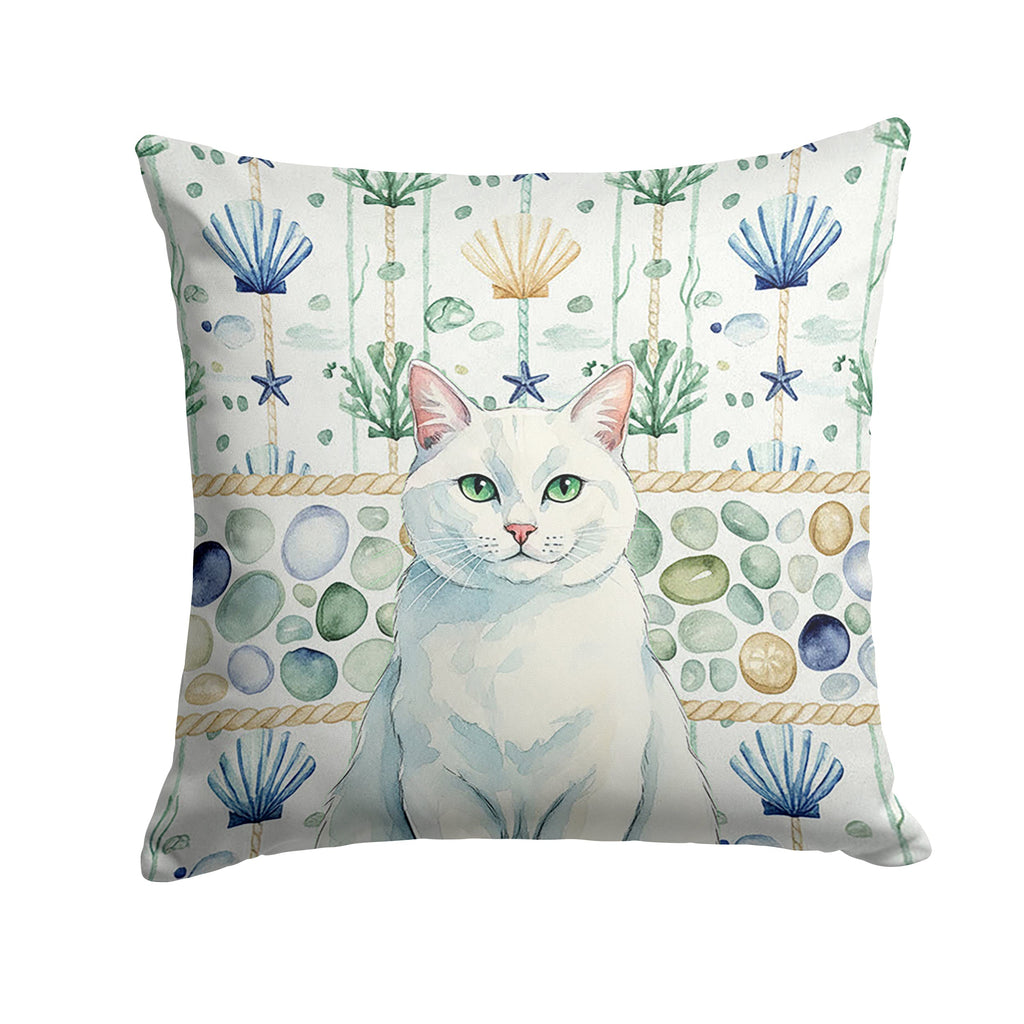Solid White Cat Coastal Sea Glass Decorative Throw Pillow 14x14 Indoor Outdoor Accent Cushion, Fabric Cover with Insert for Sofa, Bed, Porch & Living Room