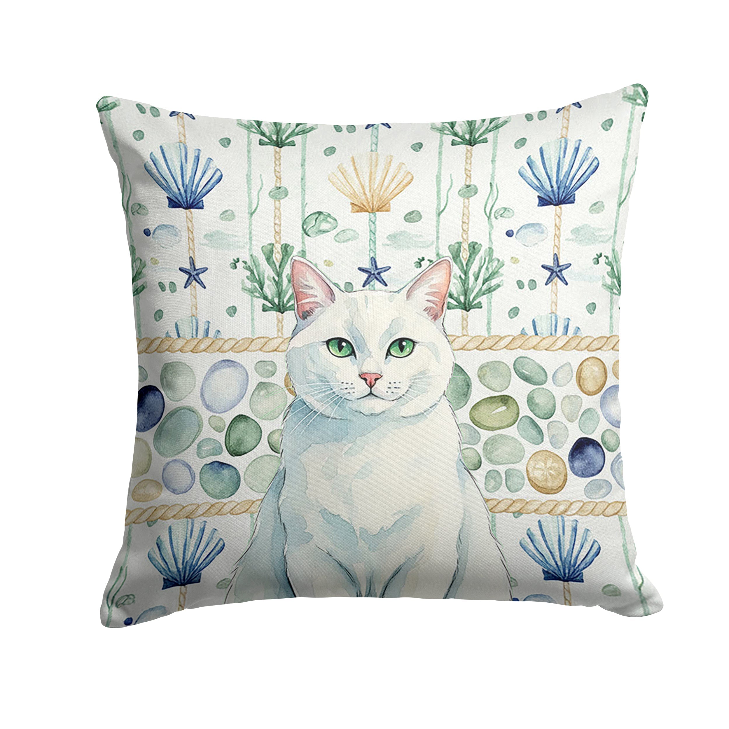 Solid White Cat Coastal Sea Glass Decorative Throw Pillow 18x18 Indoor Outdoor Accent Cushion, Fabric Cover with Insert for Sofa, Bed, Porch & Living Room