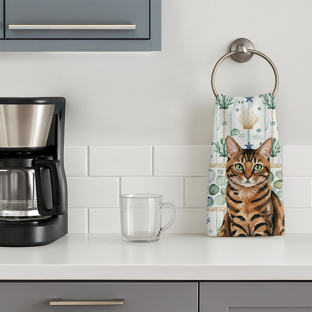 Spotted Tabby Brown Cat Coastal Sea Glass Kitchen Towel Velour Plush Front and Cotton Loop Back Machine Washable