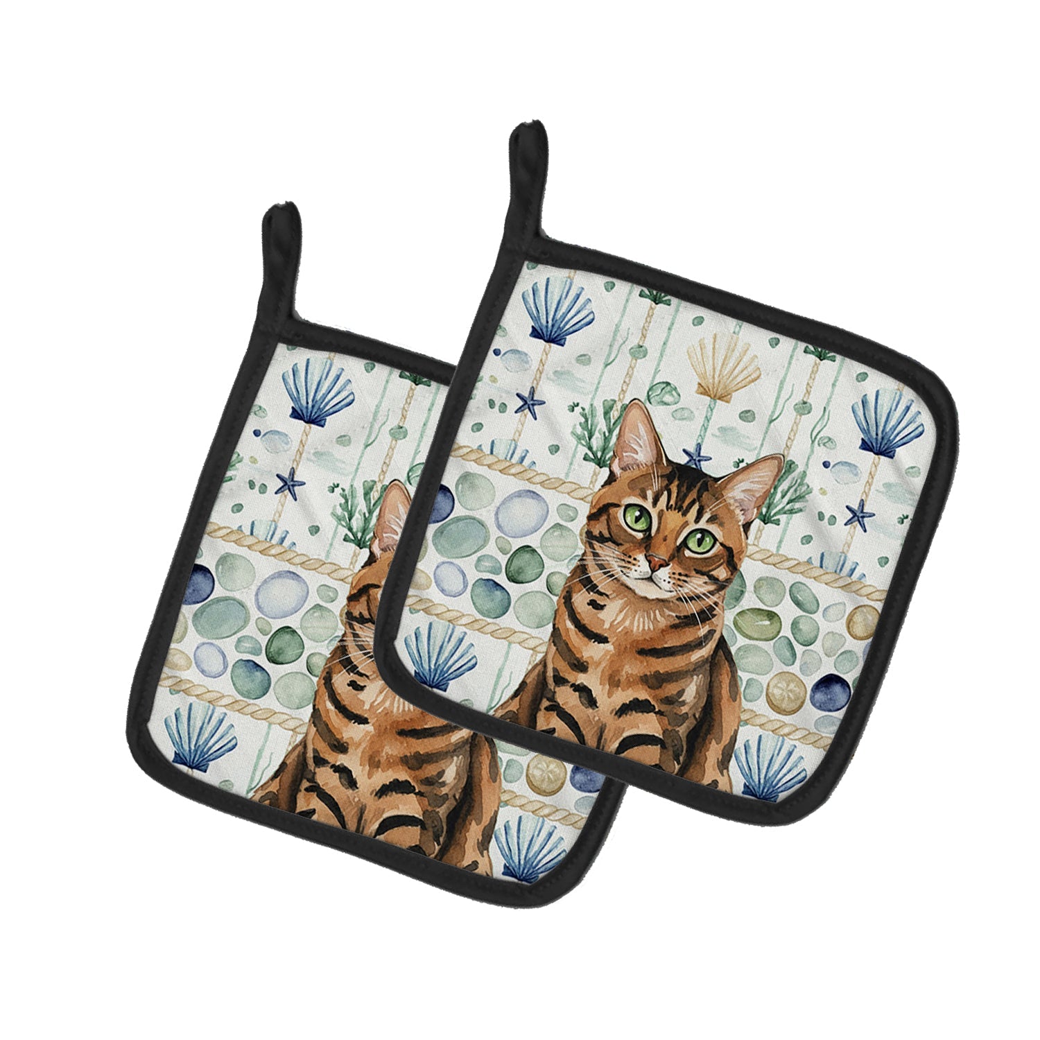 Spotted Tabby Brown Cat Coastal Sea Glass Pot Holder Set of 2 Heat Resistant Quilted Hot Pads 7.5 x 7.5 Inch, Insulated Kitchen Trivets for Cooking & Baking