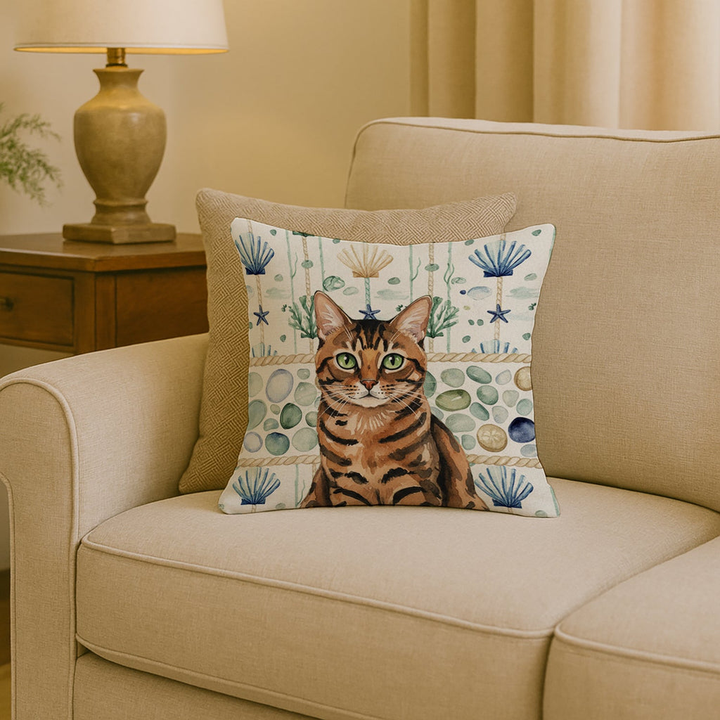 Spotted Tabby Brown Cat Coastal Sea Glass Decorative Throw Pillow 18x18 Indoor Outdoor Accent Cushion, Fabric Cover with Insert for Sofa, Bed, Porch & Living Room