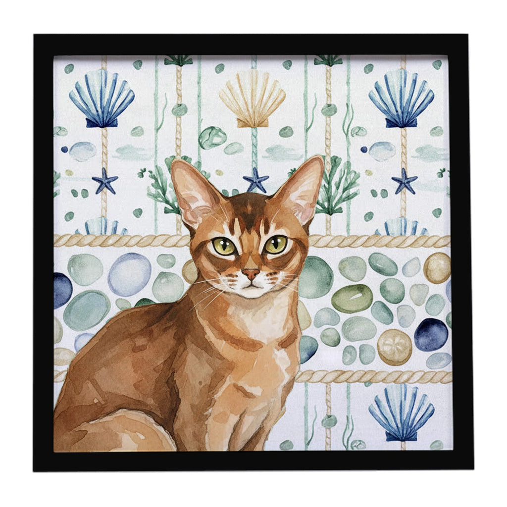 Ticked Tabby Brown Cat Coastal Sea Glass Framed Metal Print Bathroom, Kitchen, Office, Home Decor Wall Art Ready to Hang, Square, 8X8