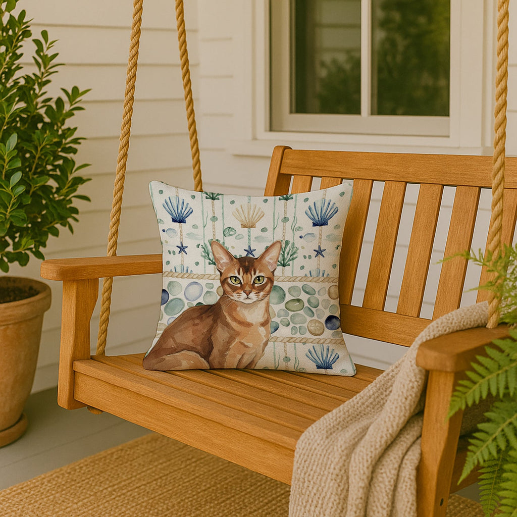 Ticked Tabby Brown Cat Coastal Sea Glass Decorative Throw Pillow 18x18 Indoor Outdoor Accent Cushion, Fabric Cover with Insert for Sofa, Bed, Porch & Living Room
