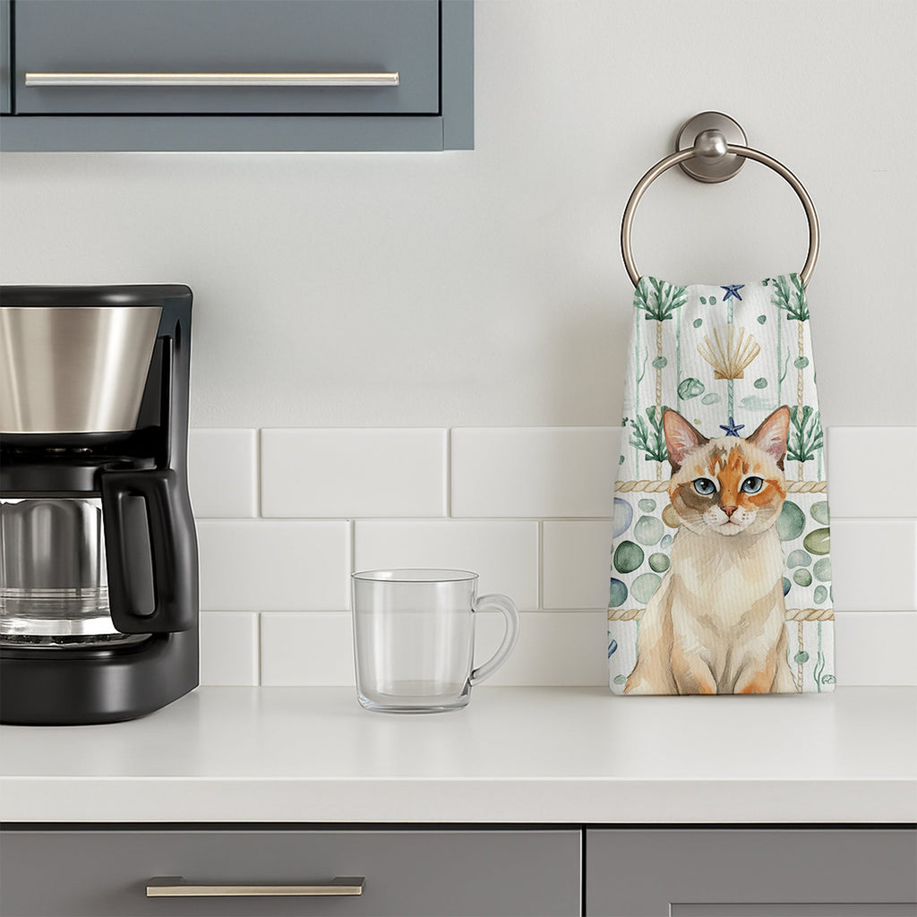 Tortie Point  Cat Coastal Sea Glass Kitchen Towel Velour Plush Front and Cotton Loop Back Machine Washable