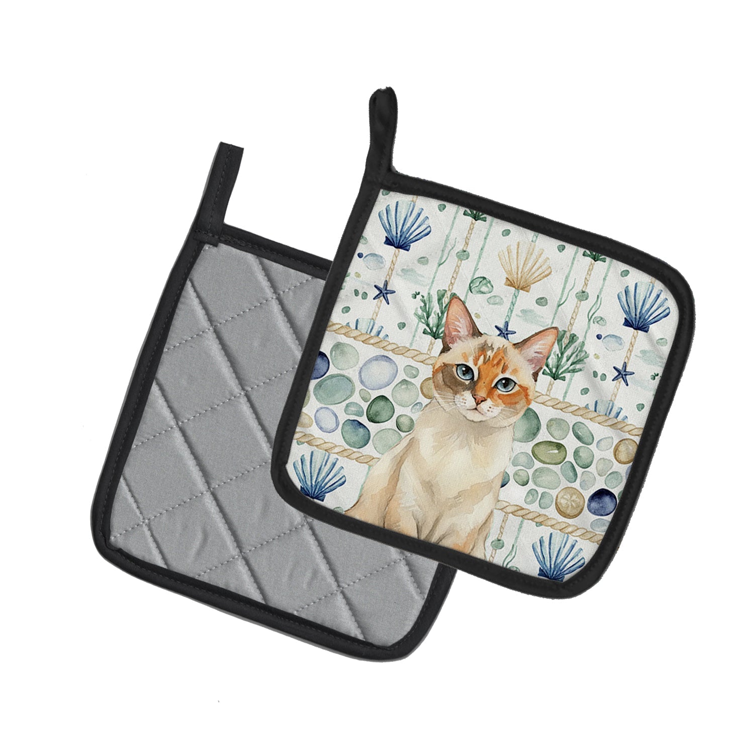Tortie Point  Cat Coastal Sea Glass Pot Holder Set of 2 Heat Resistant Quilted Hot Pads 7.5 x 7.5 Inch, Insulated Kitchen Trivets for Cooking & Baking