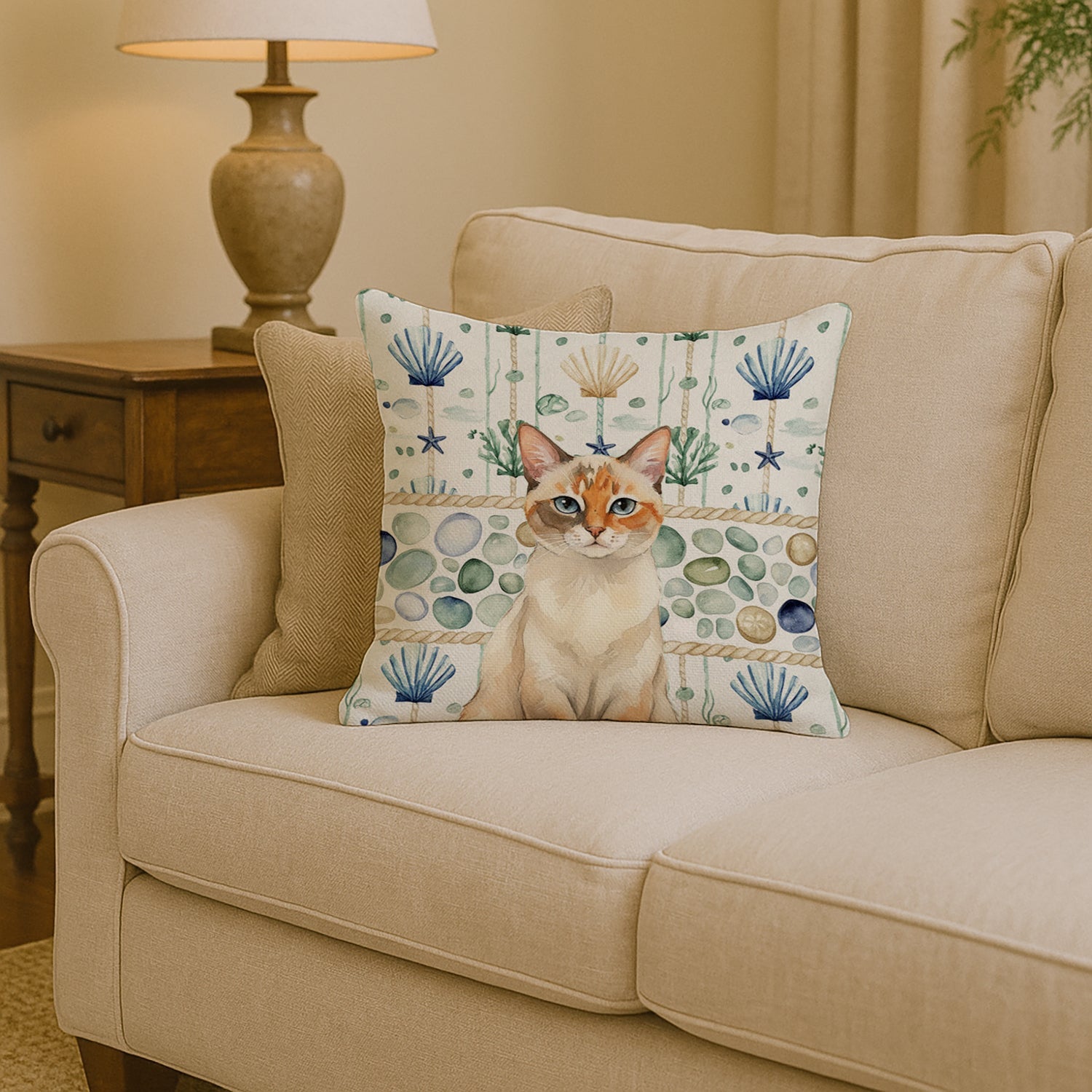 Tortie Point  Cat Coastal Sea Glass Decorative Throw Pillow 14x14 Indoor Outdoor Accent Cushion, Fabric Cover with Insert for Sofa, Bed, Porch & Living Room