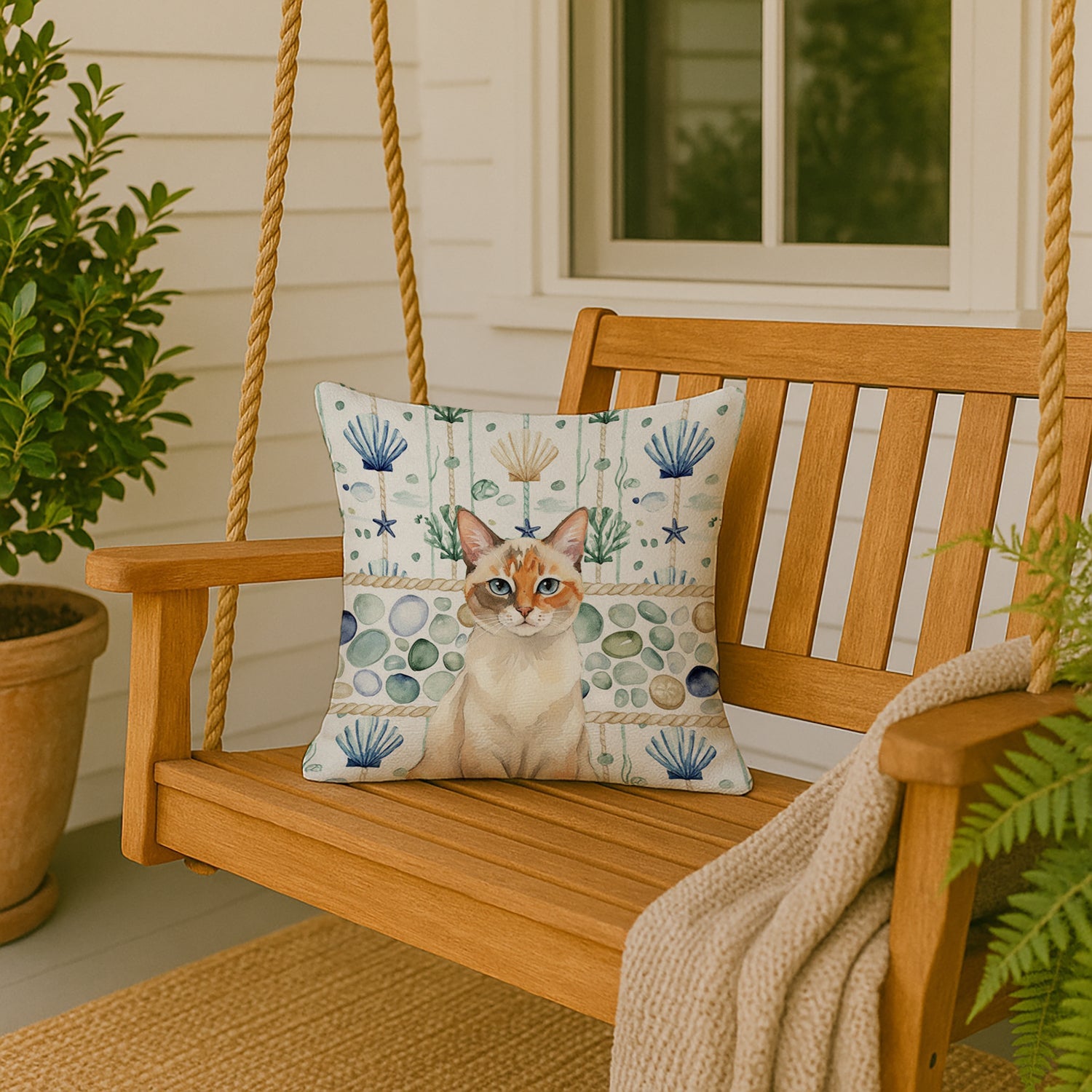 Tortie Point  Cat Coastal Sea Glass Decorative Throw Pillow 18x18 Indoor Outdoor Accent Cushion, Fabric Cover with Insert for Sofa, Bed, Porch & Living Room