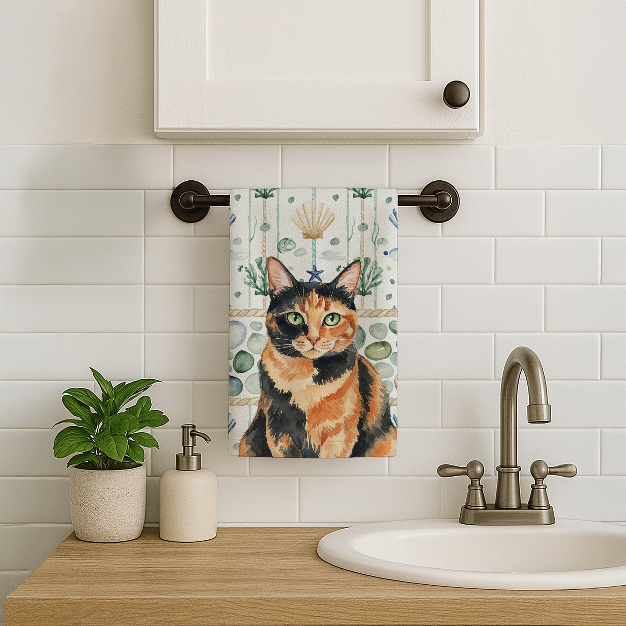 Tortoiseshell Cat Coastal Sea Glass Kitchen Towel Velour Plush Front and Cotton Loop Back Machine Washable