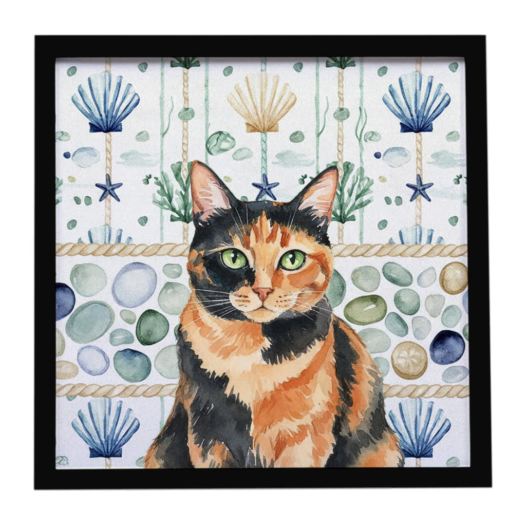Tortoiseshell Cat Coastal Sea Glass Framed Metal Print Bathroom, Kitchen, Office, Home Decor Wall Art Ready to Hang, Square, 8X8